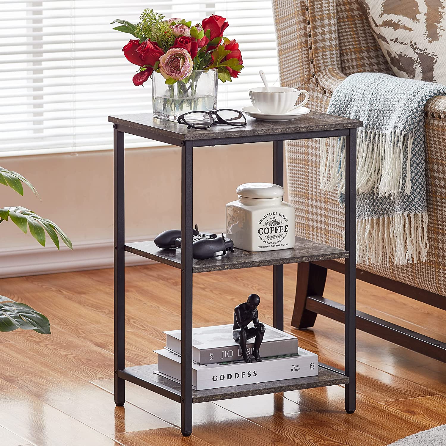 VECELO End Side Table with Storage Shelves Industrial Night Stand, 3-Tier Slim Nightstand for Living Room, Bedroom - VECELO