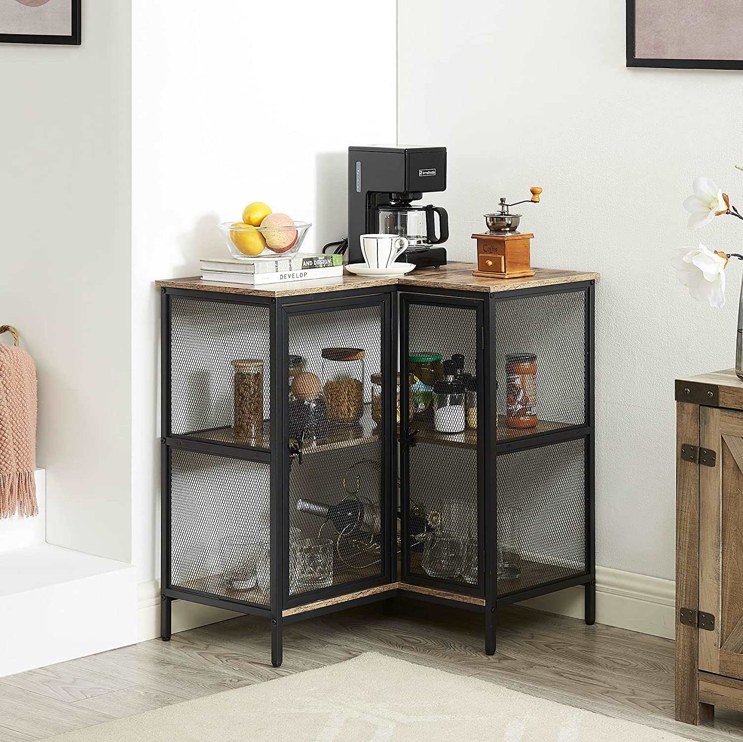 VECELO 3 Tier Corner Cabinet with Doors and Storage Shelves, Industrial TV Multipurpose Free-Standing Table for Small Space