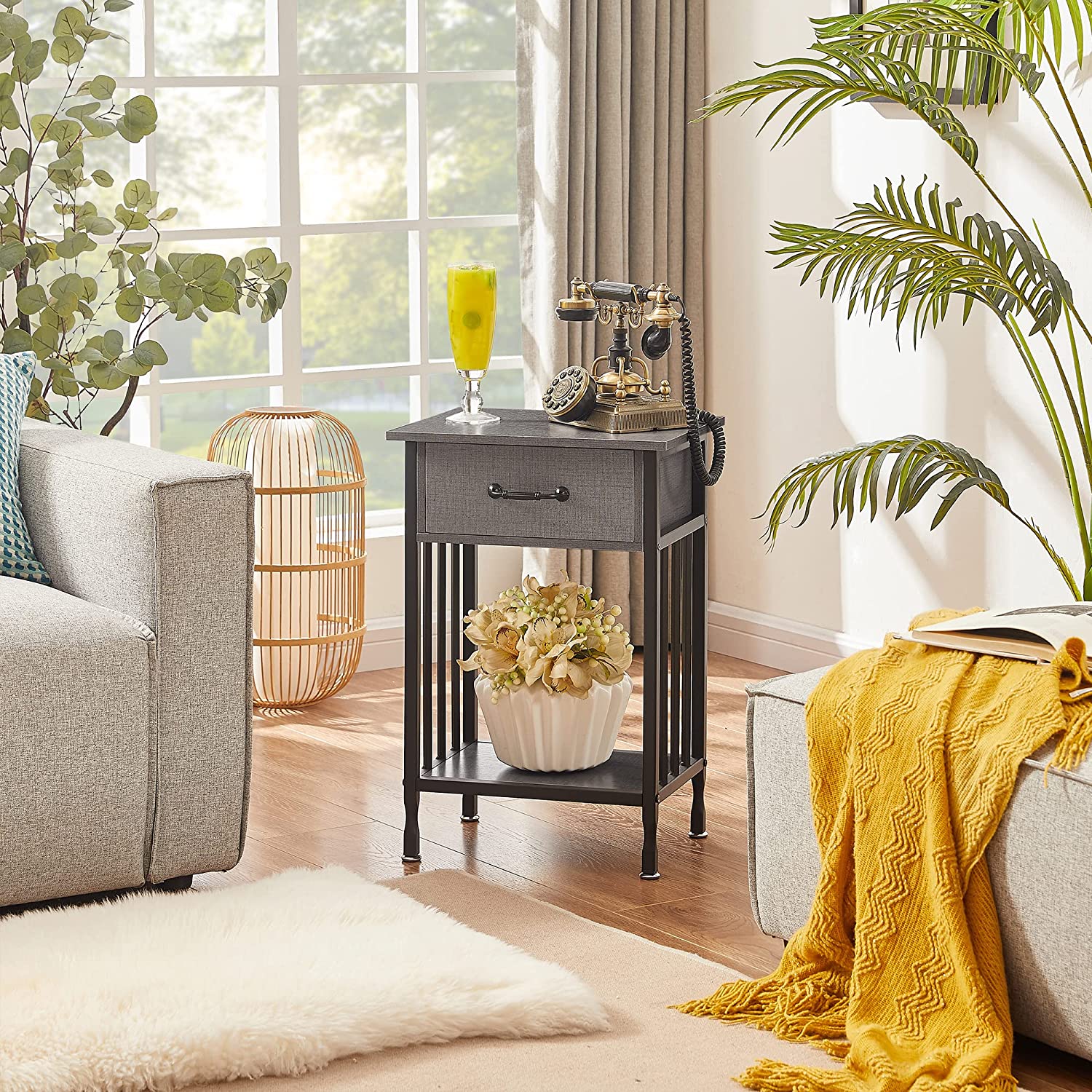 VECELO Industrial End Table,Nightstand with Drawer and Storage Shelf - VECELO