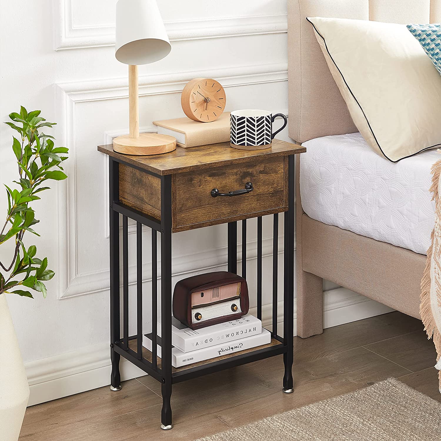 VECELO Industrial End Table,Nightstand with Drawer and Storage Shelf - VECELO