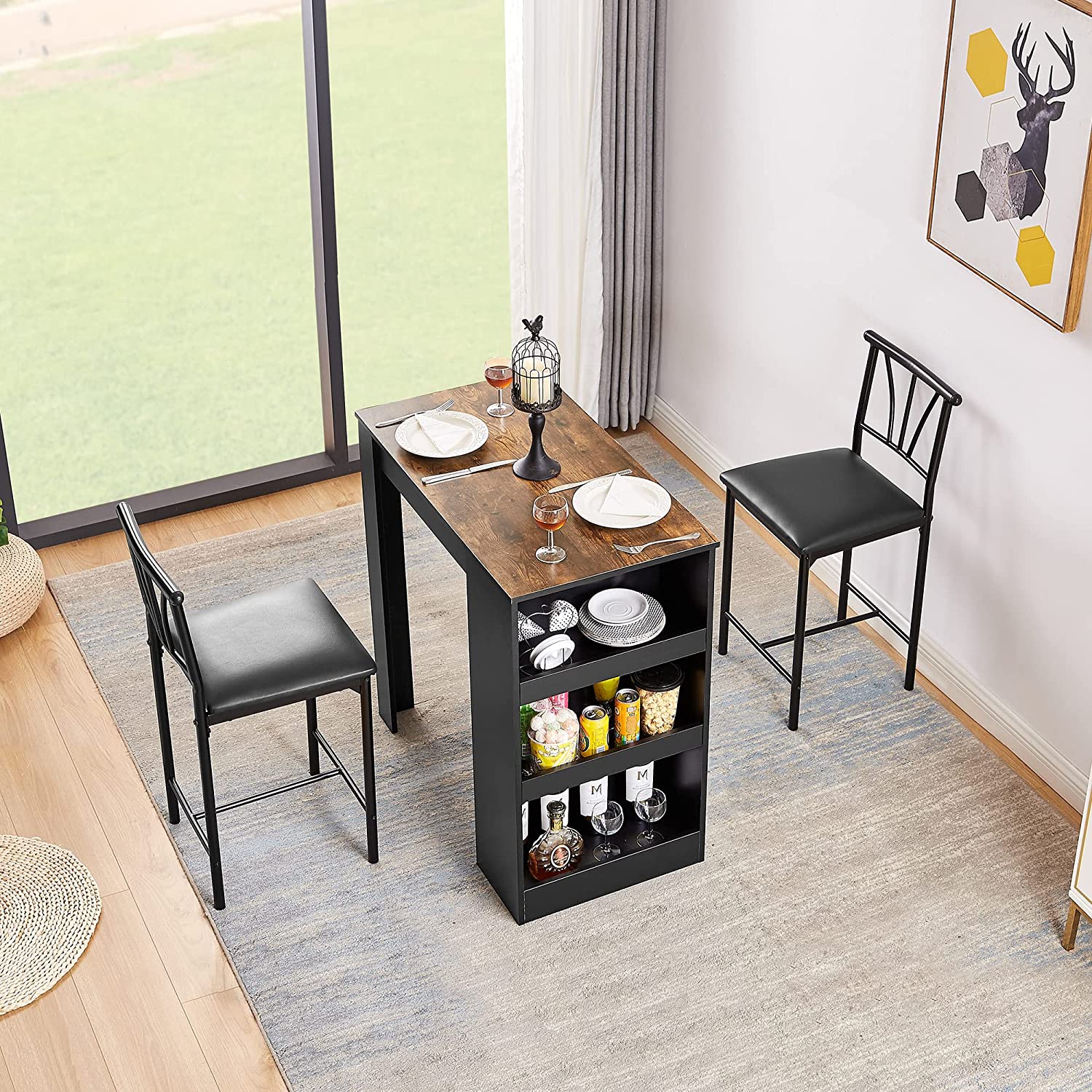 VECELO Small Bar Table and Chairs Tall Kitchen Breakfast Nook with Stools/Dining Set for 2 - VECELO
