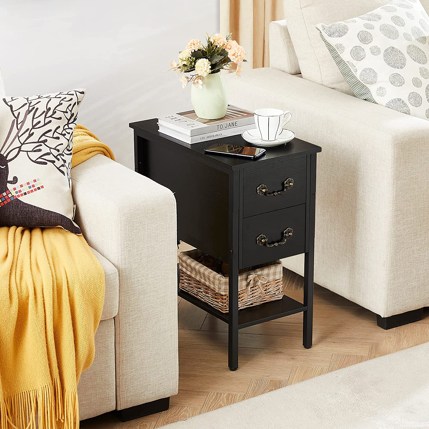 VECELO End Tables,Narrow Nightstands with Charging Station & USB Ports &Drawers - VECELO