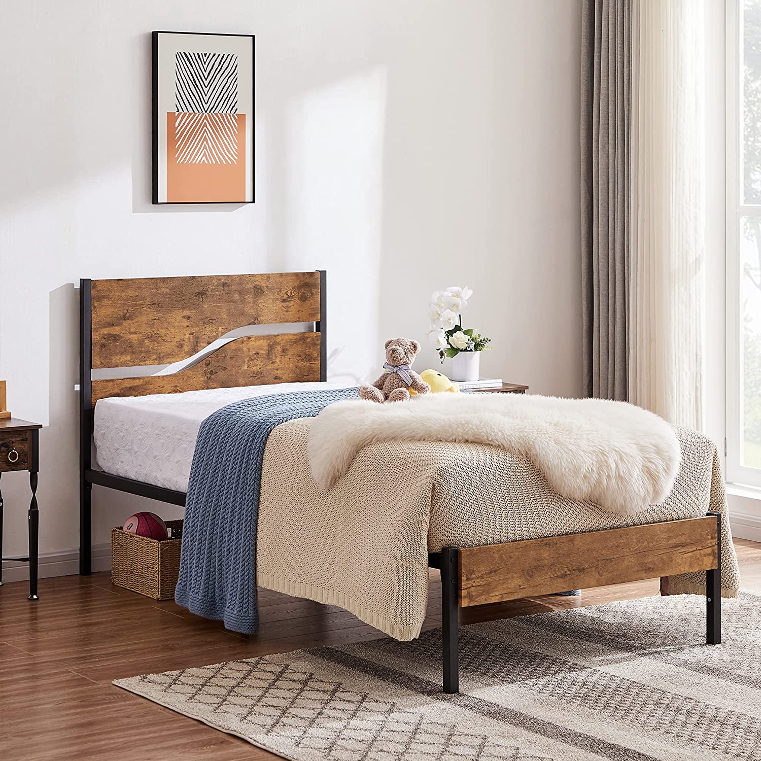 VECELO Platform Bed Frame/Mattress Foundation with Rustic Vintage Wood Headboard - VECELO