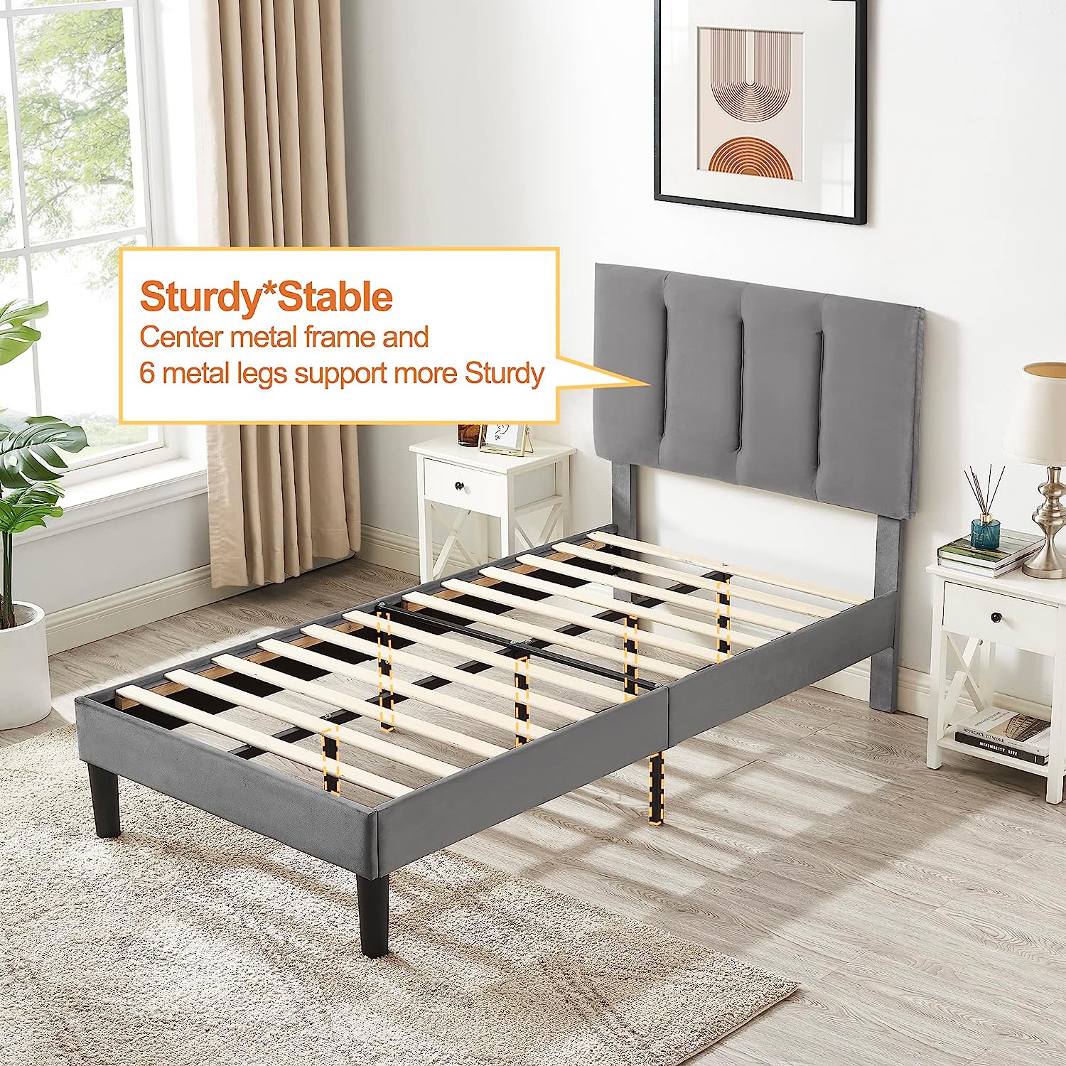 VECELO Modern Upholstered Platform Bedframe, Adjustable Headboard - VECELO