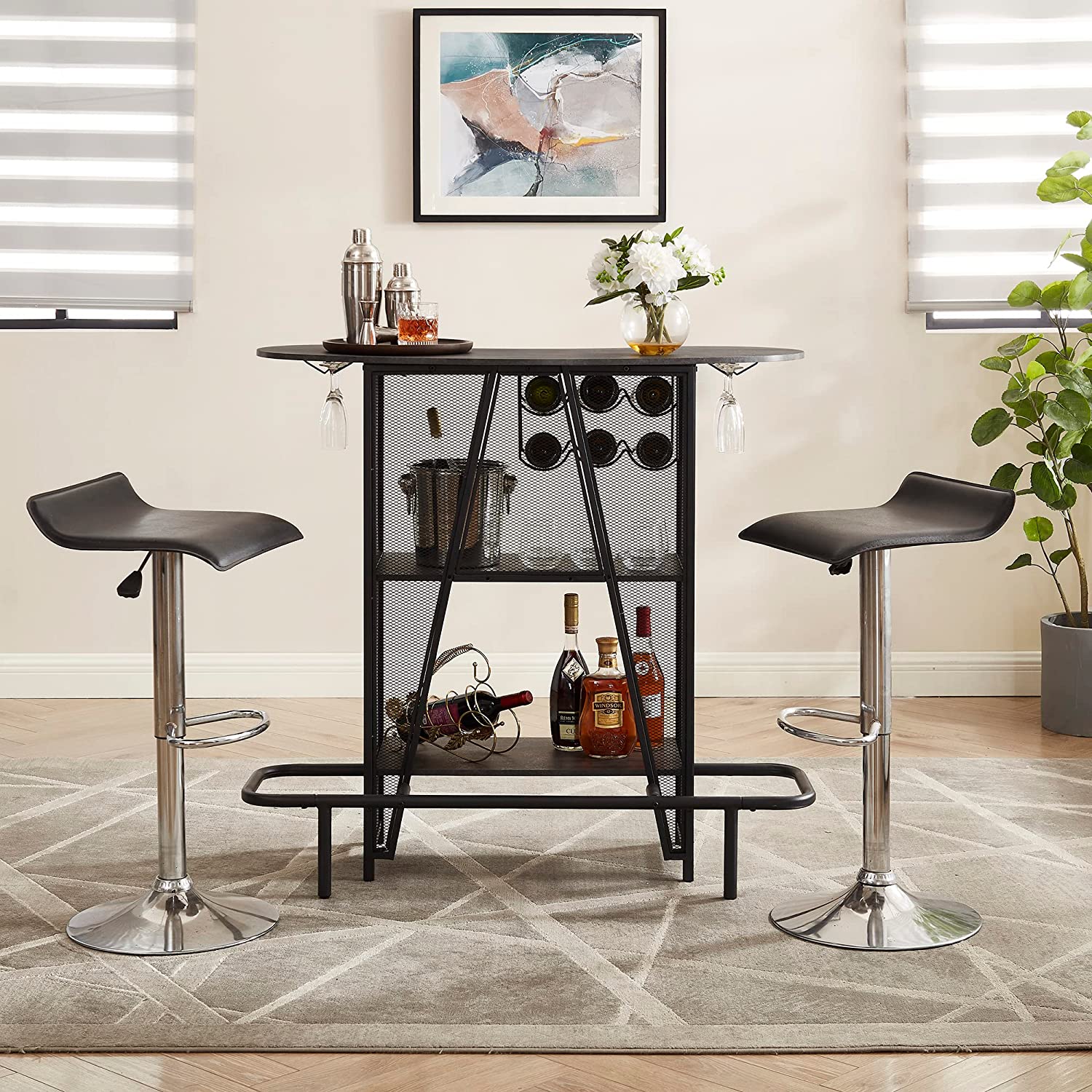 VECELO Bar Unit with Metal Mesh Front, 3-Tier Wine Rack Table with Glasses Holder - VECELO