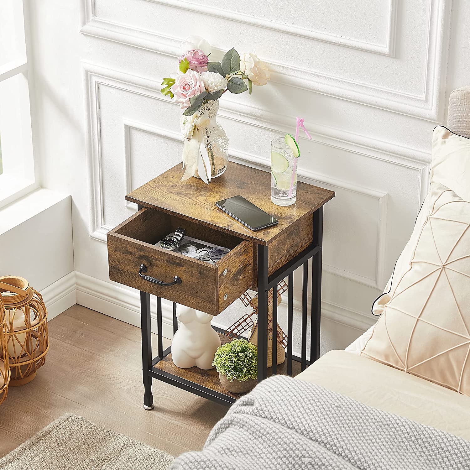 VECELO Industrial End Table,Nightstand with Drawer and Storage Shelf - VECELO