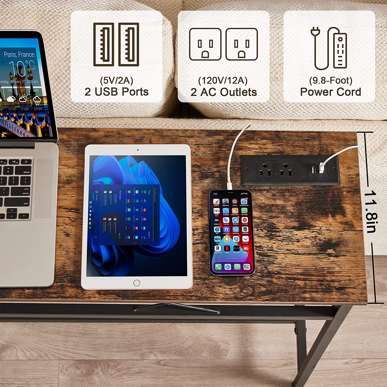 VECELO Extra Long Narrow Sofa/Console Table with Charging Station & Power Outlet and USB Ports - VECELO