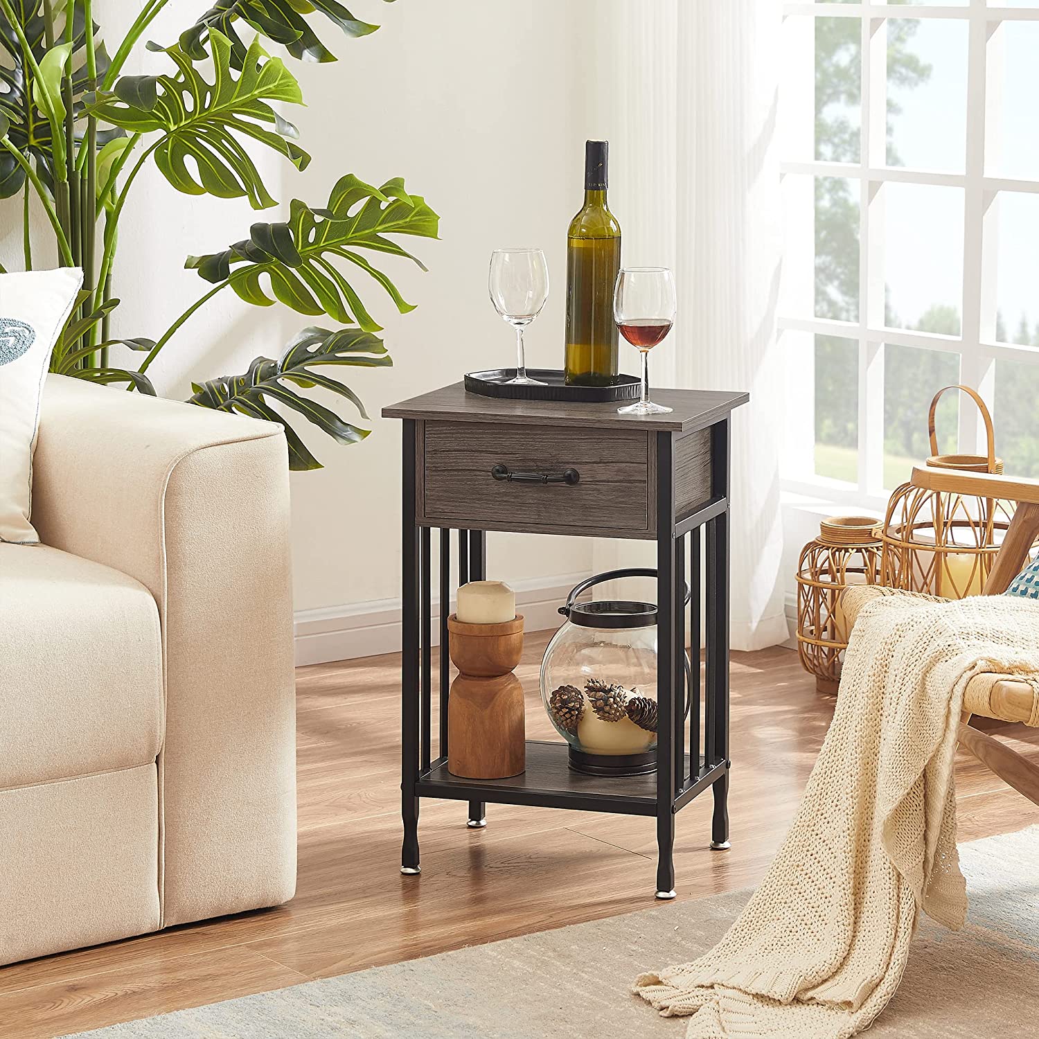 VECELO Industrial End Table,Nightstand with Drawer and Storage Shelf - VECELO