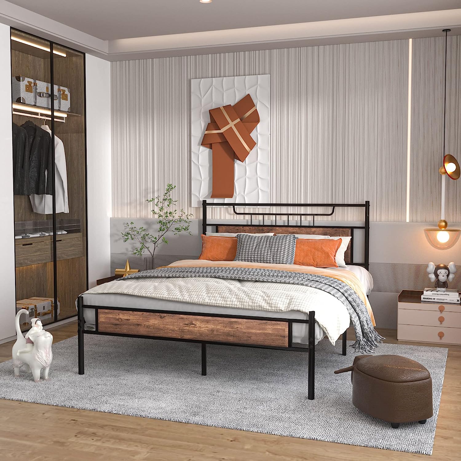 VECELO Platform Bed Frame with Wood Headboard No Box Spring Needed Heavy Duty Steel Slat - VECELO