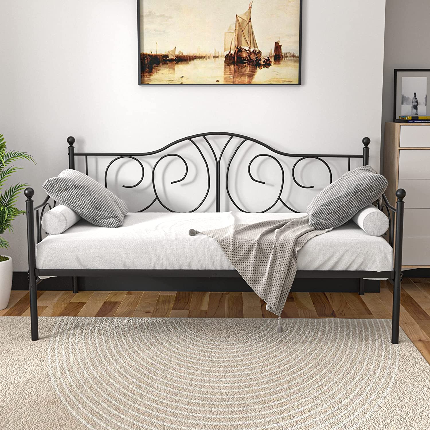 VECELO Metal Daybed Frame Multifunctional Platform Bed Sofa Mattress Foundation with Deluxe Headboard, Black - VECELO