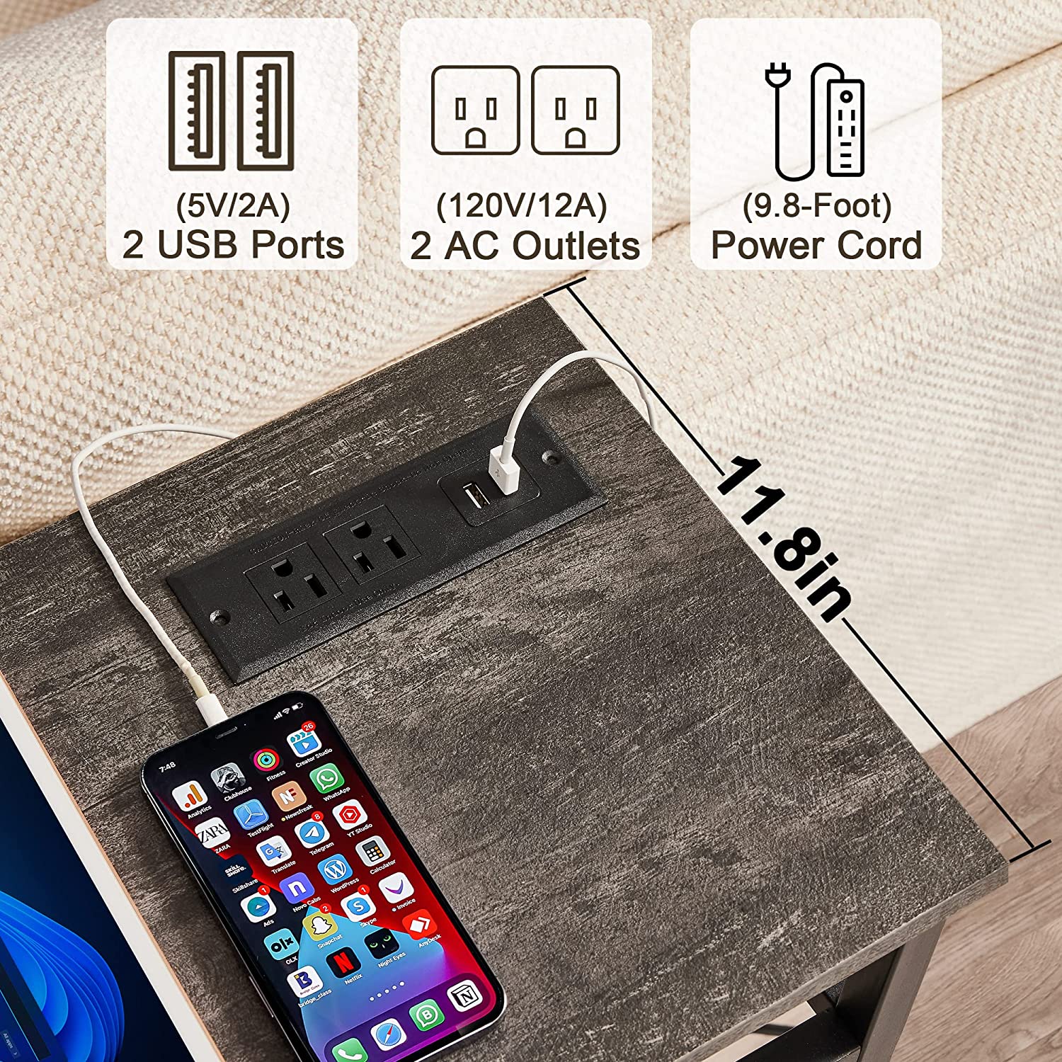 VECELO Extra Long Narrow Sofa/Console Table with Charging Station & Power Outlet and USB Ports - VECELO