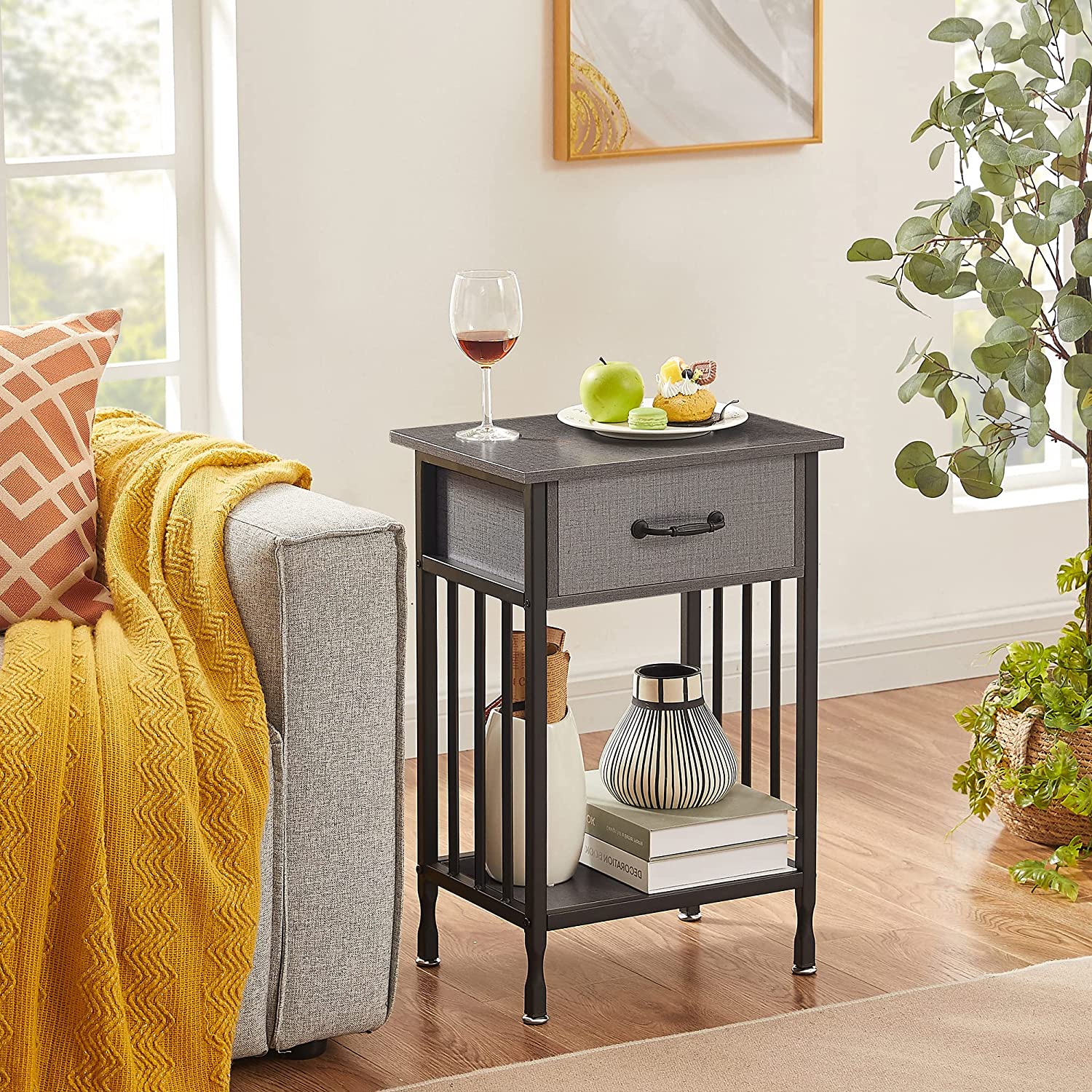 VECELO Industrial End Table,Nightstand with Drawer and Storage Shelf - VECELO