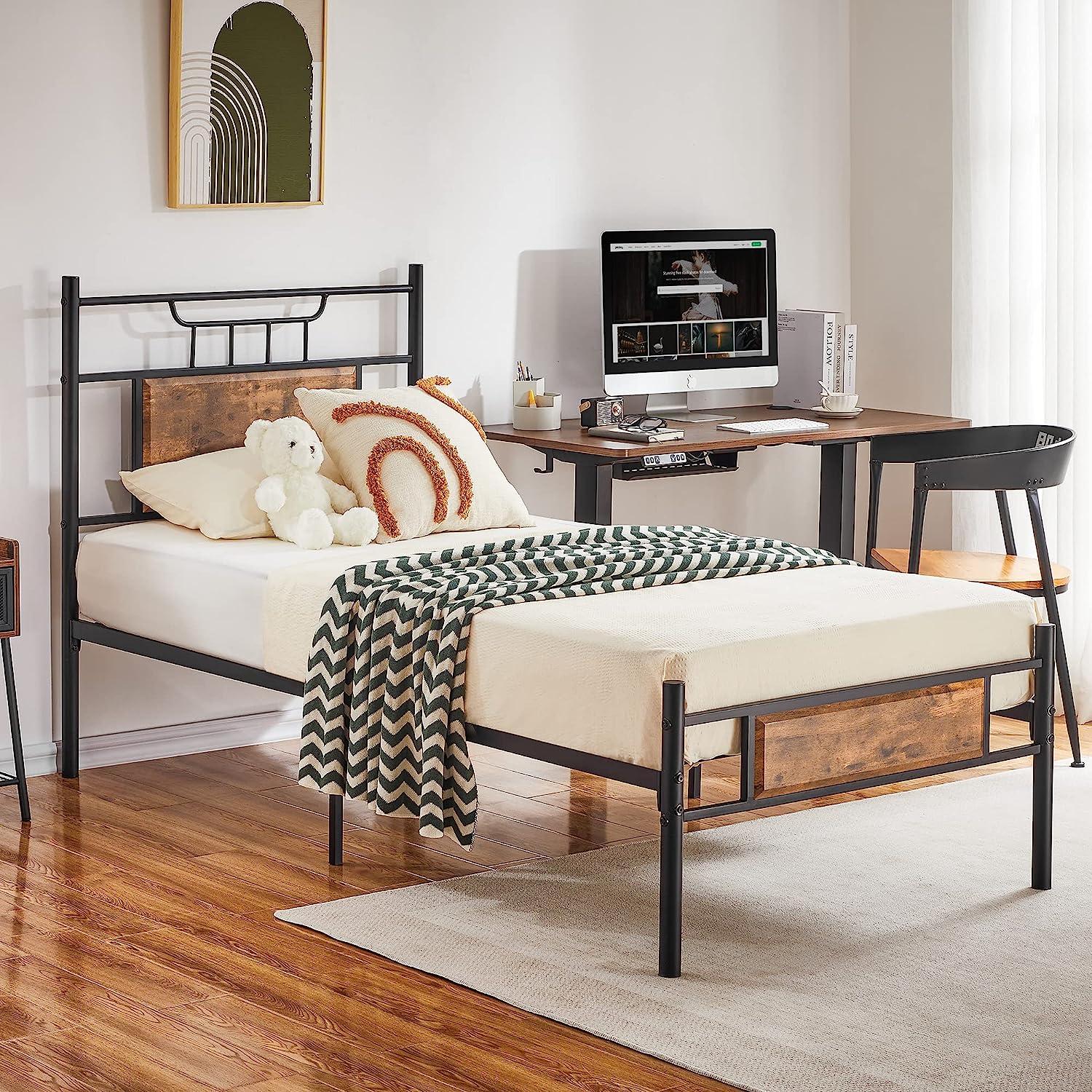 VECELO Platform Bed Frame with Wood Headboard No Box Spring Needed Heavy Duty Steel Slat - VECELO