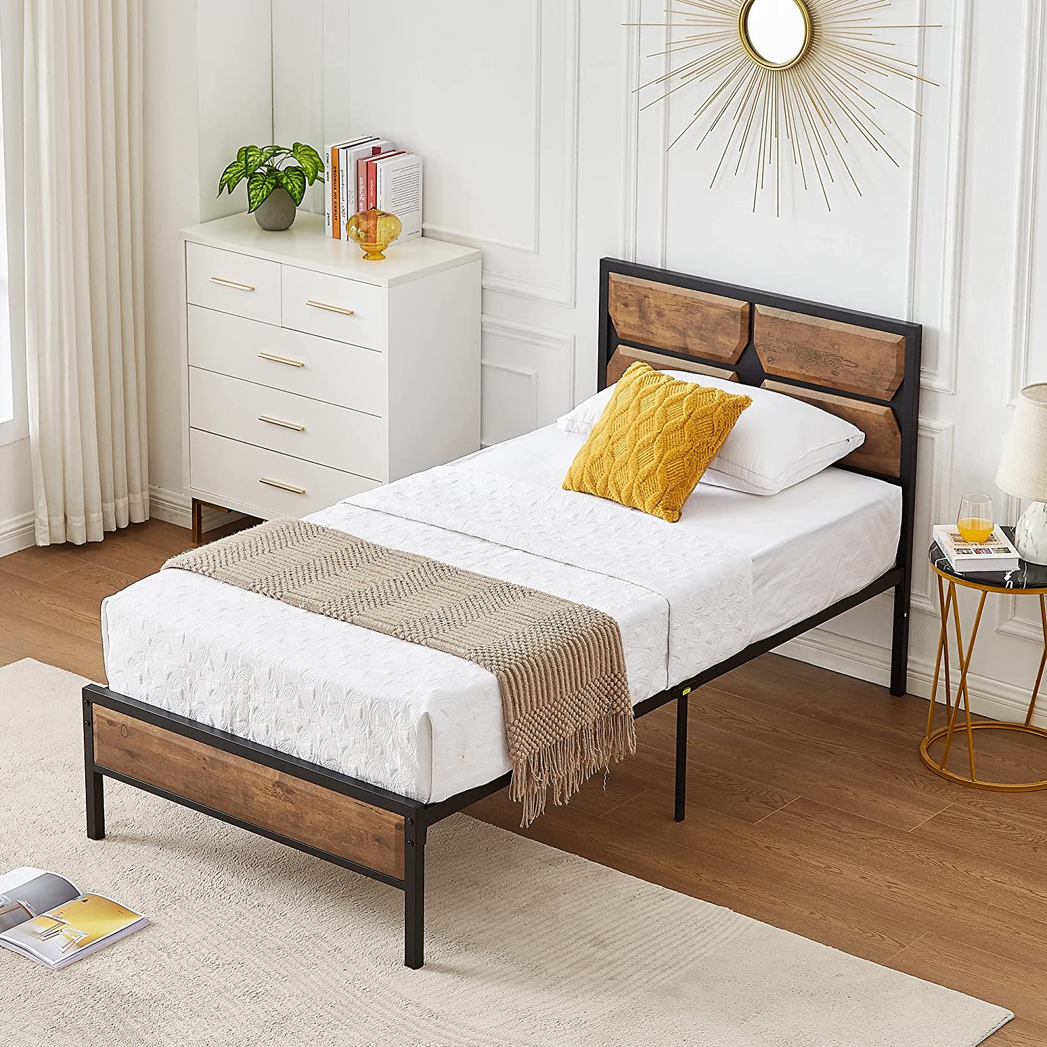VECELO Metal Bed Frame Platform with Wooden Headboard&Footboard Mattress Foundation - VECELO