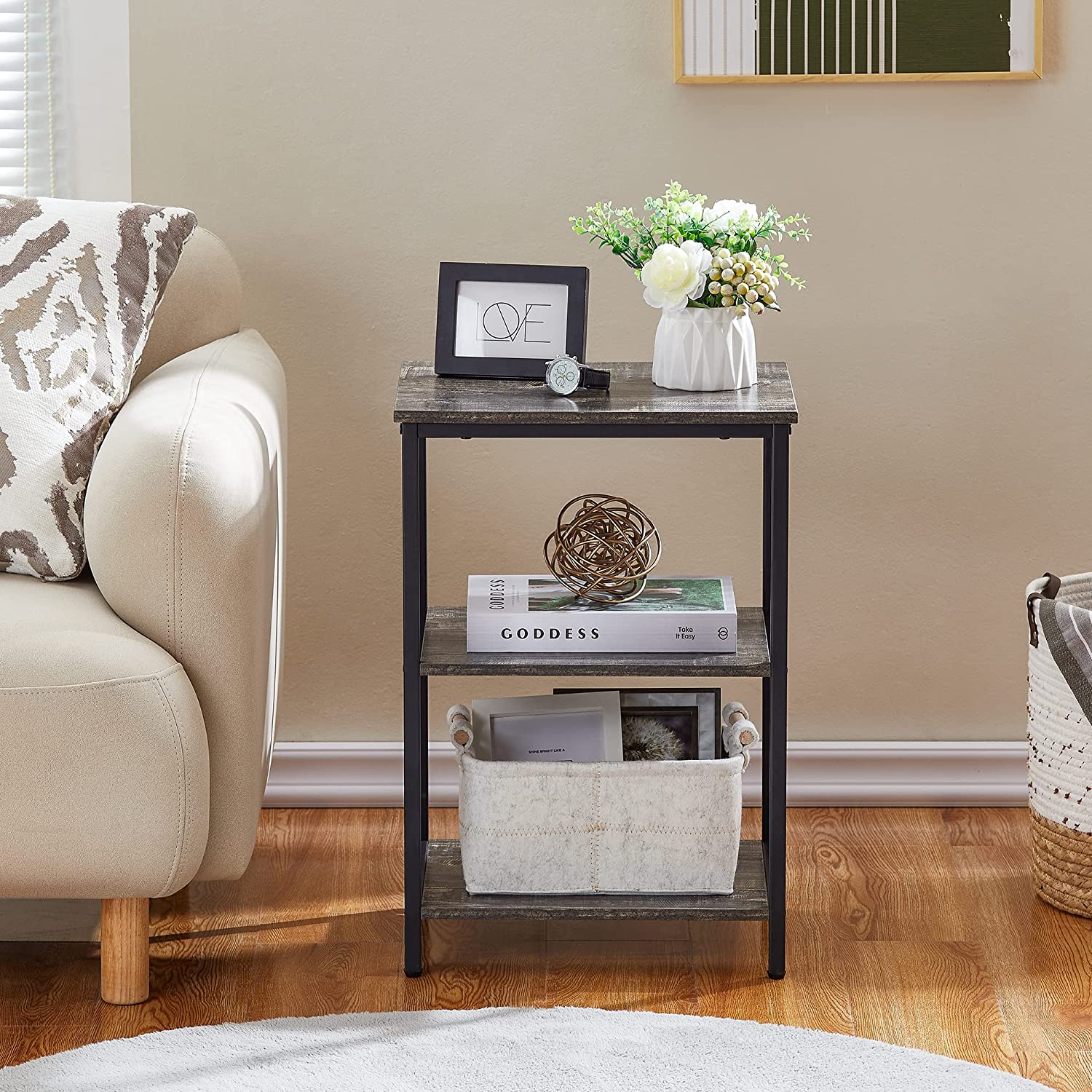 VECELO End Side Table with Storage Shelves Industrial Night Stand, 3-Tier Slim Nightstand for Living Room, Bedroom - VECELO