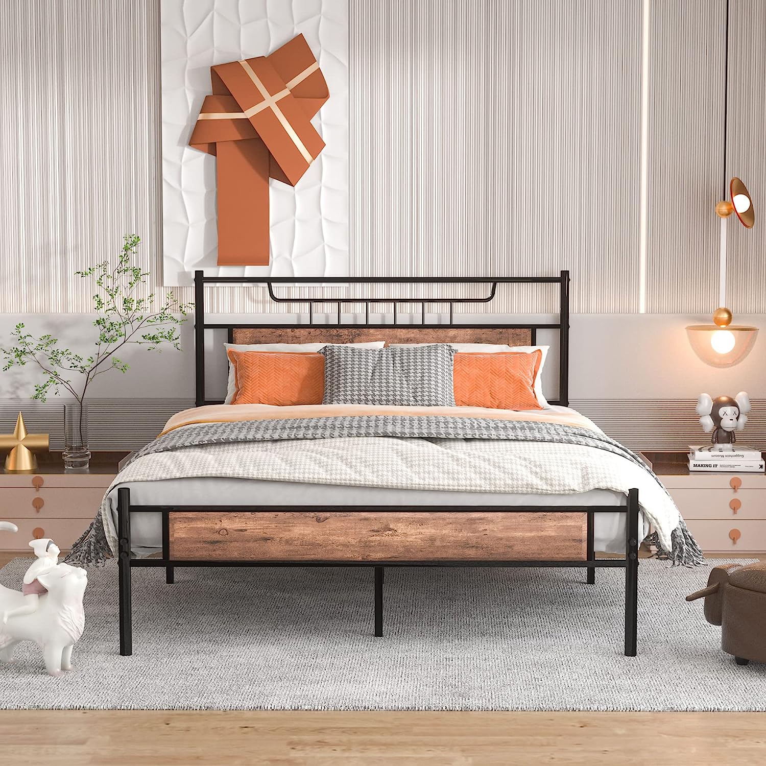 VECELO Platform Bed Frame with Wood Headboard No Box Spring Needed Heavy Duty Steel Slat - VECELO