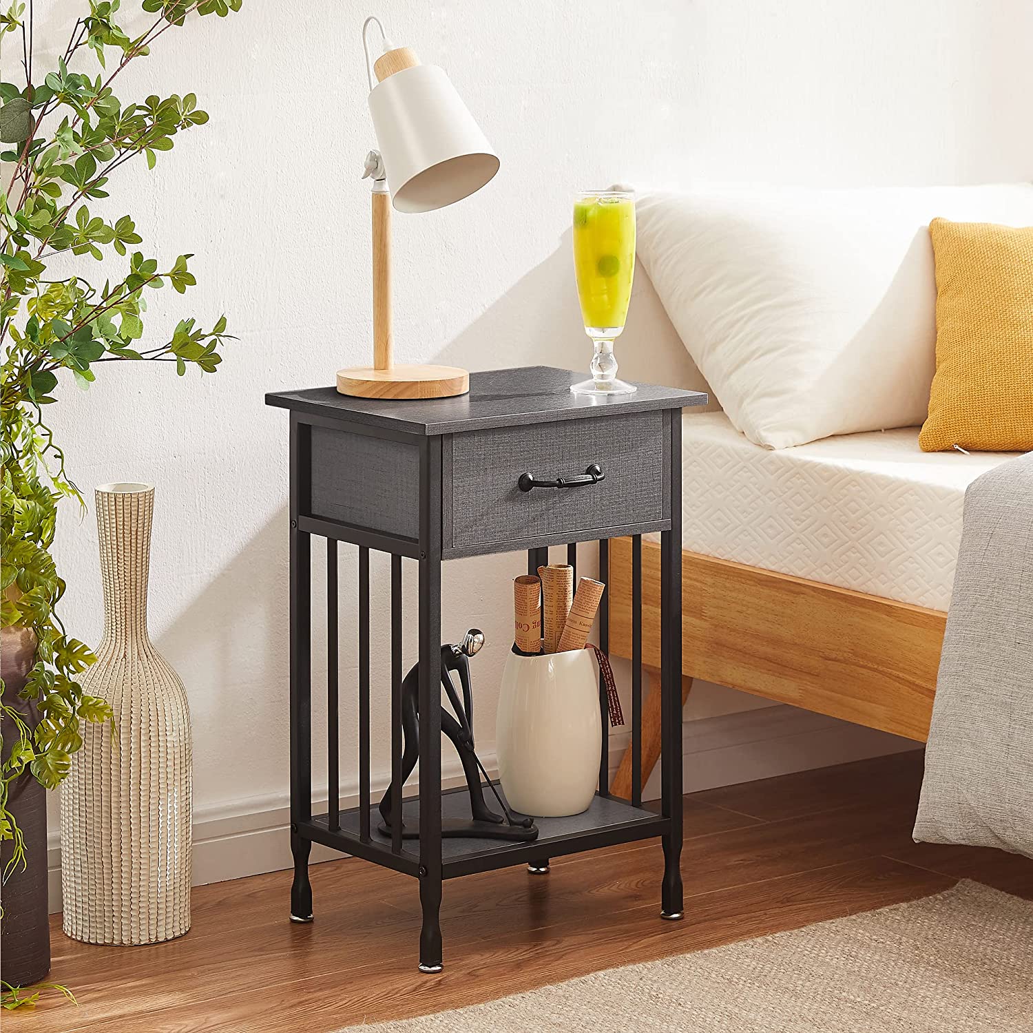 VECELO Industrial End Table,Nightstand with Drawer and Storage Shelf - VECELO