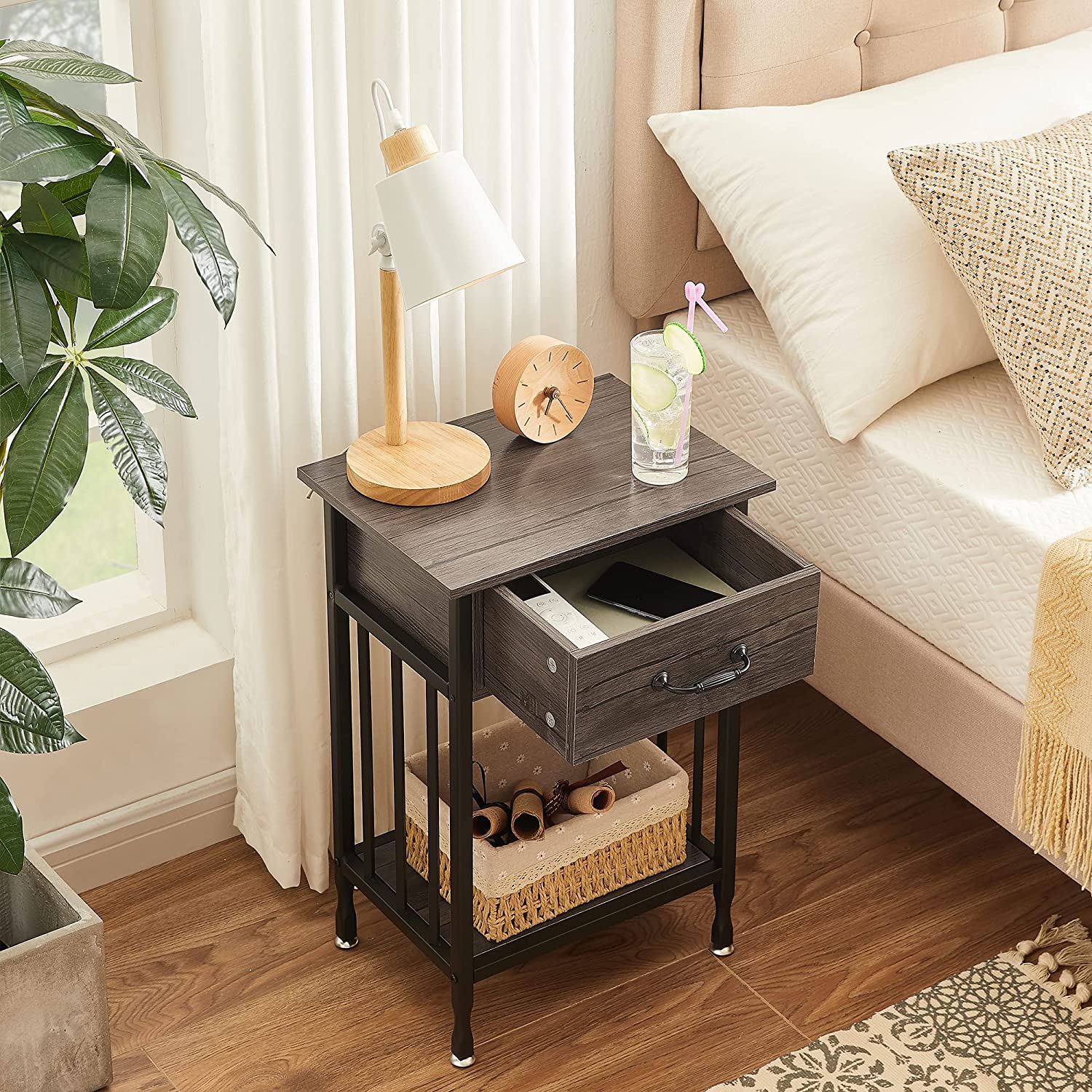 VECELO Industrial End Table,Nightstand with Drawer and Storage Shelf - VECELO