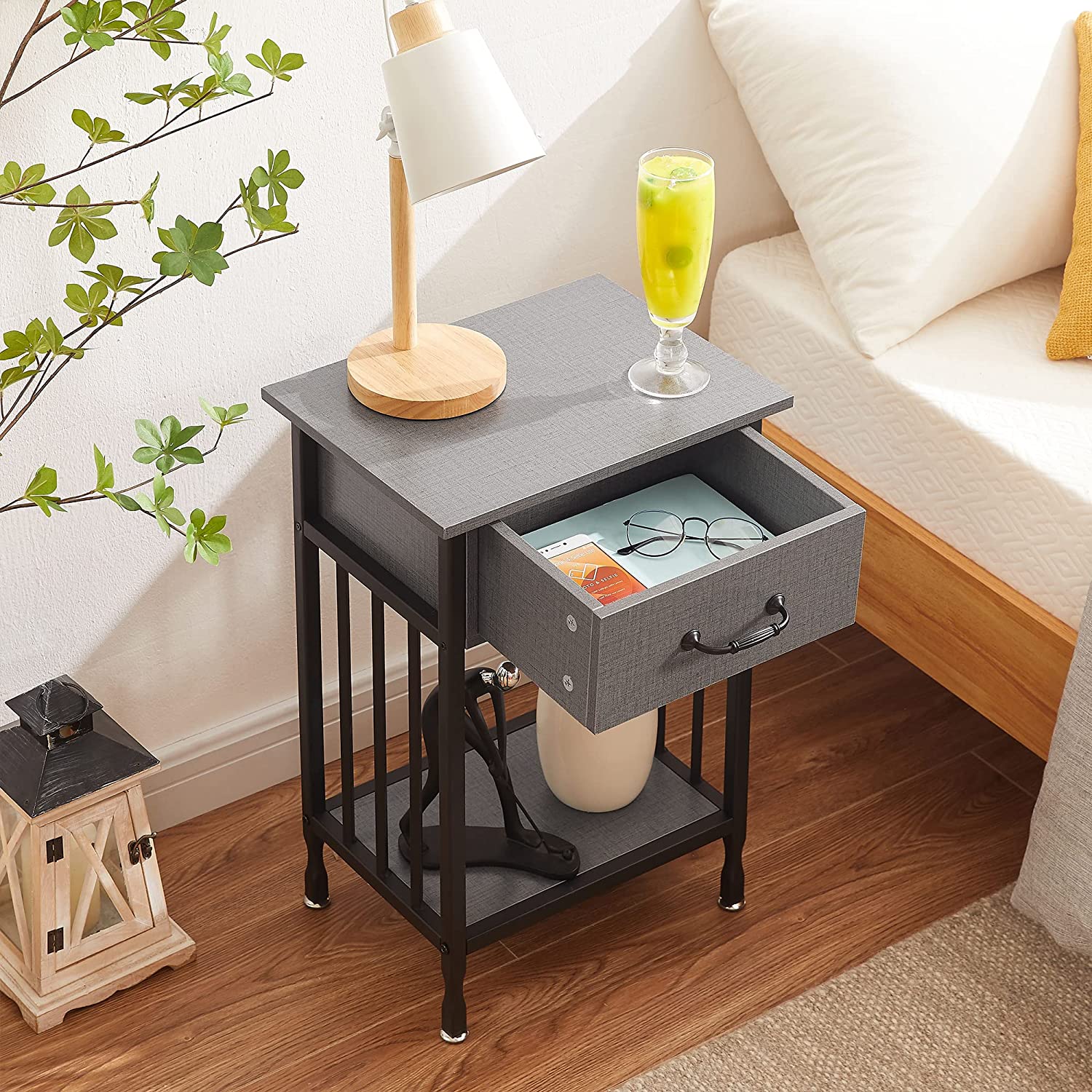 VECELO Industrial End Table,Nightstand with Drawer and Storage Shelf - VECELO