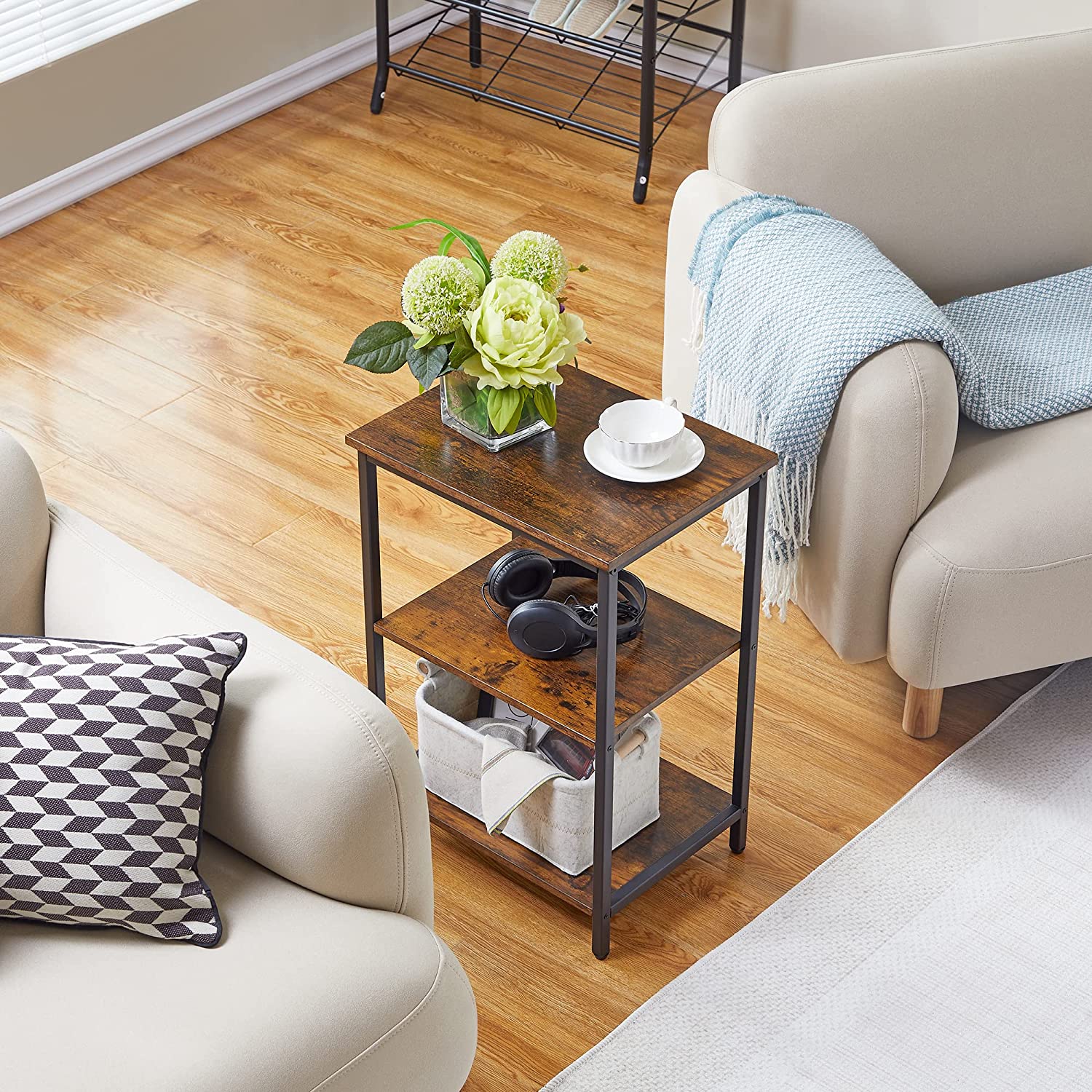VECELO End Side Table with Storage Shelves Industrial Night Stand, 3-Tier Slim Nightstand for Living Room, Bedroom - VECELO