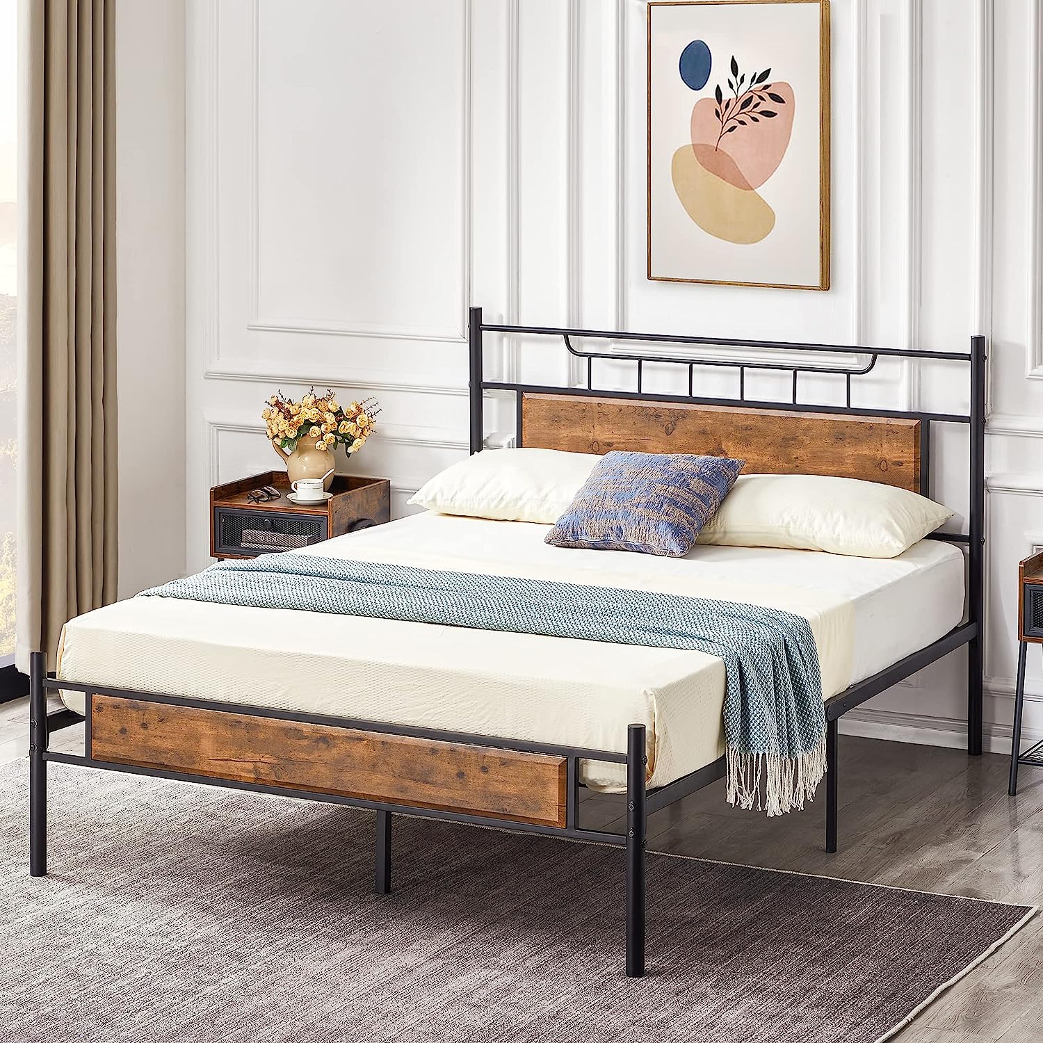 VECELO Platform Bed Frame with Wood Headboard No Box Spring Needed Heavy Duty Steel Slat - VECELO