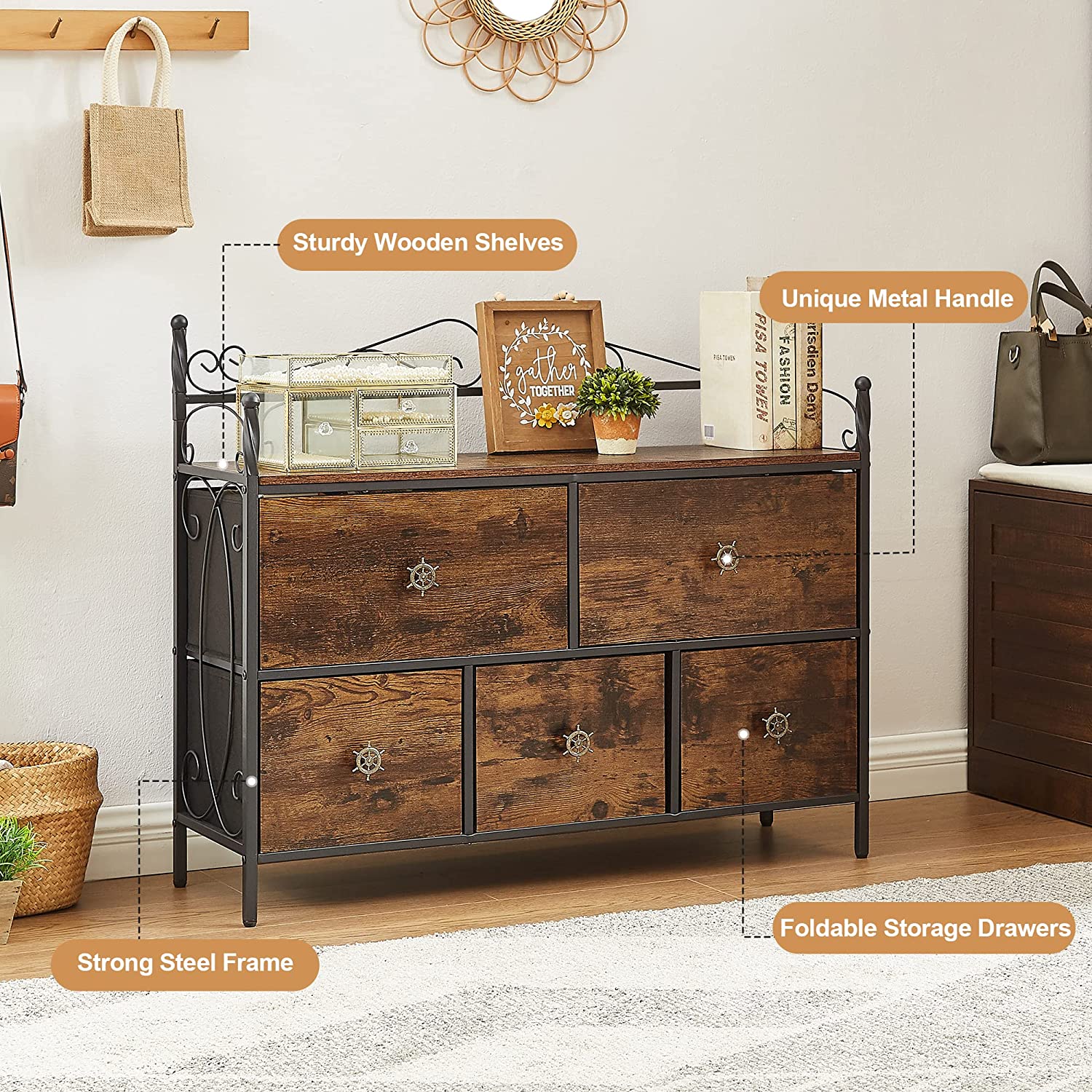 VECELO Dresser for Bedroom with 5 Drawers, Storage Organizer Unit with Shelf for Closet, Living Room - VECELO