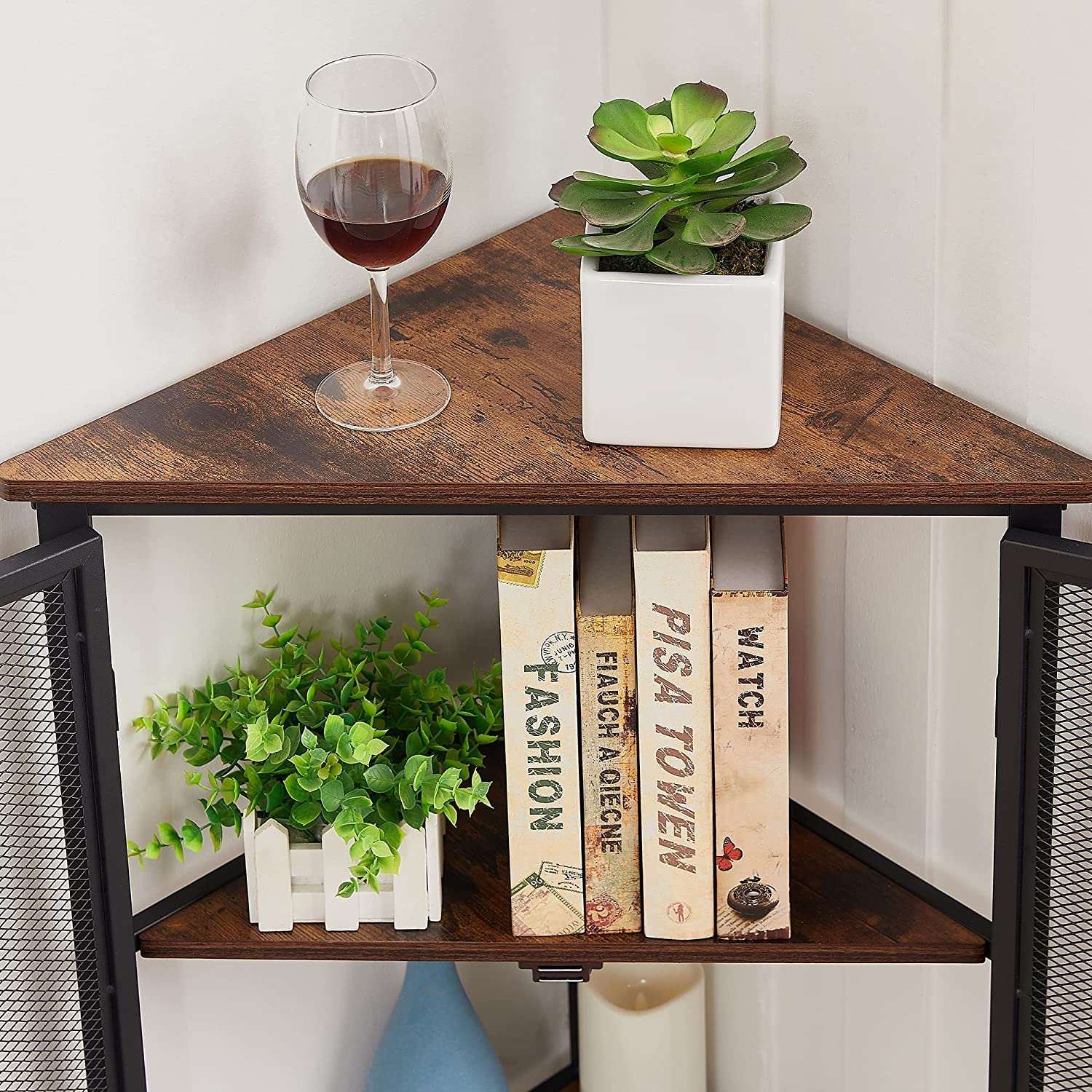 VECELO 3 Tier Corner Cabinet Shelf Display Rack with Grid Doors - VECELO