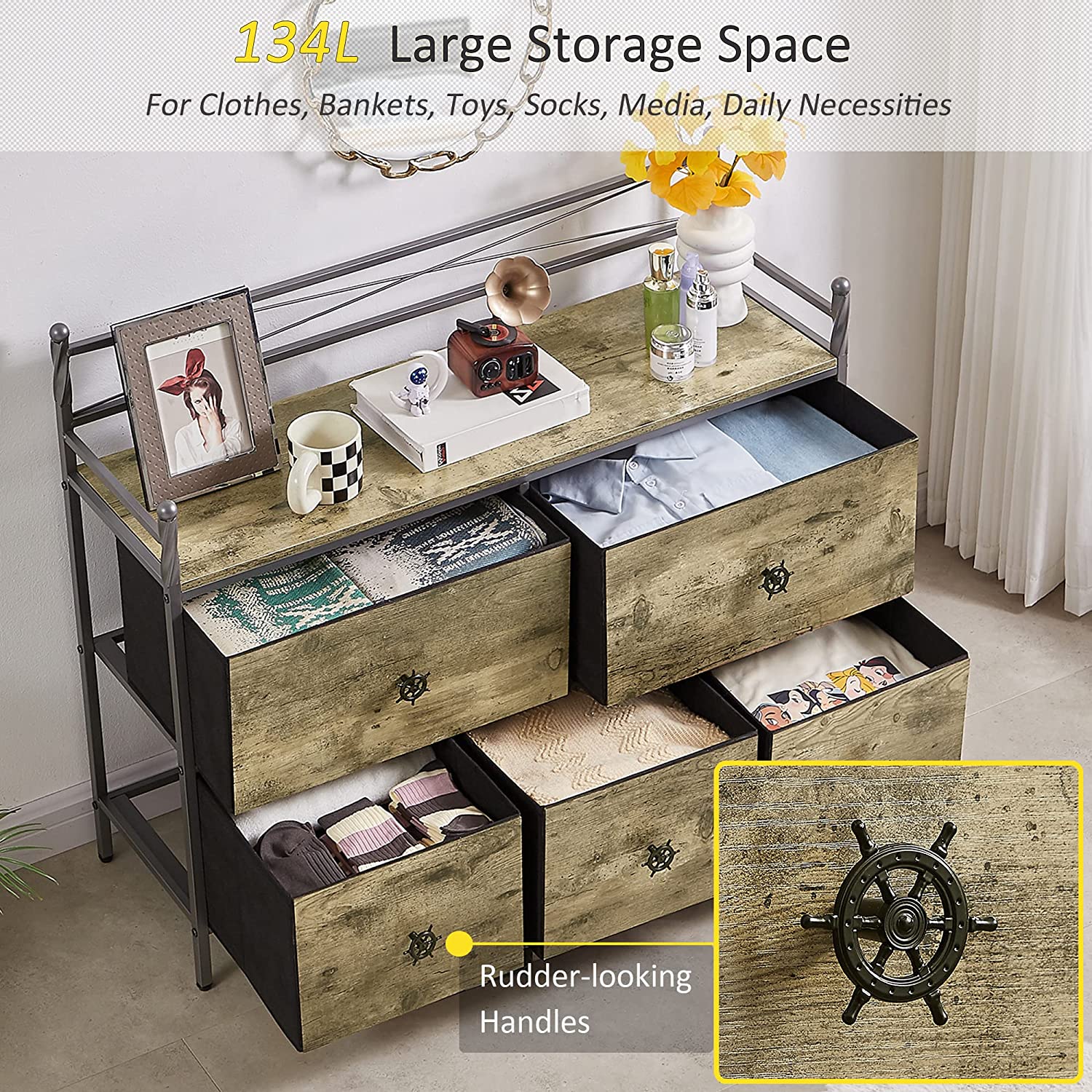 VECELO Dresser for Bedroom with 5 Drawers, Storage Organizer Unit Wide Chest - VECELO
