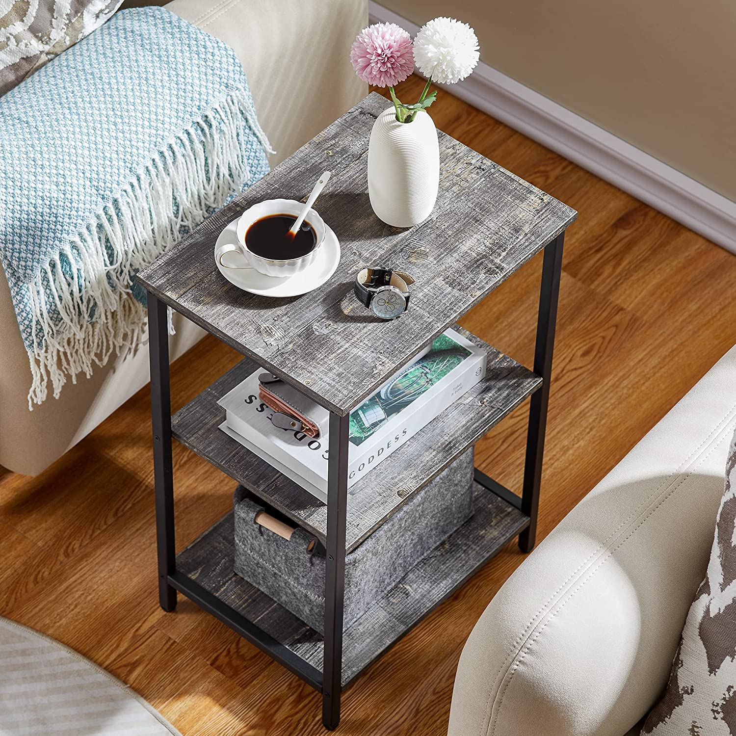 VECELO End Side Table with Storage Shelves Industrial Night Stand, 3-Tier Slim Nightstand for Living Room, Bedroom - VECELO