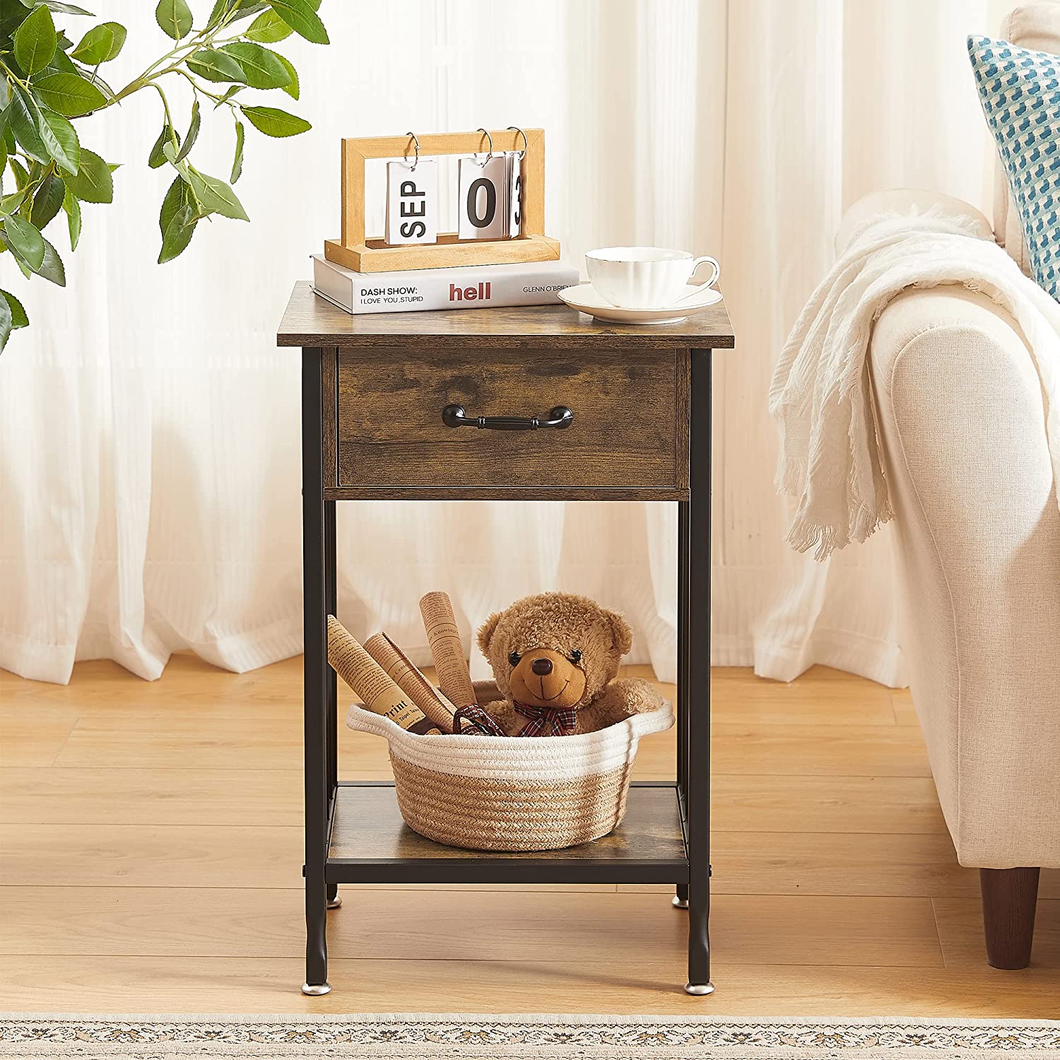 VECELO Industrial End Table,Nightstand with Drawer and Storage Shelf - VECELO