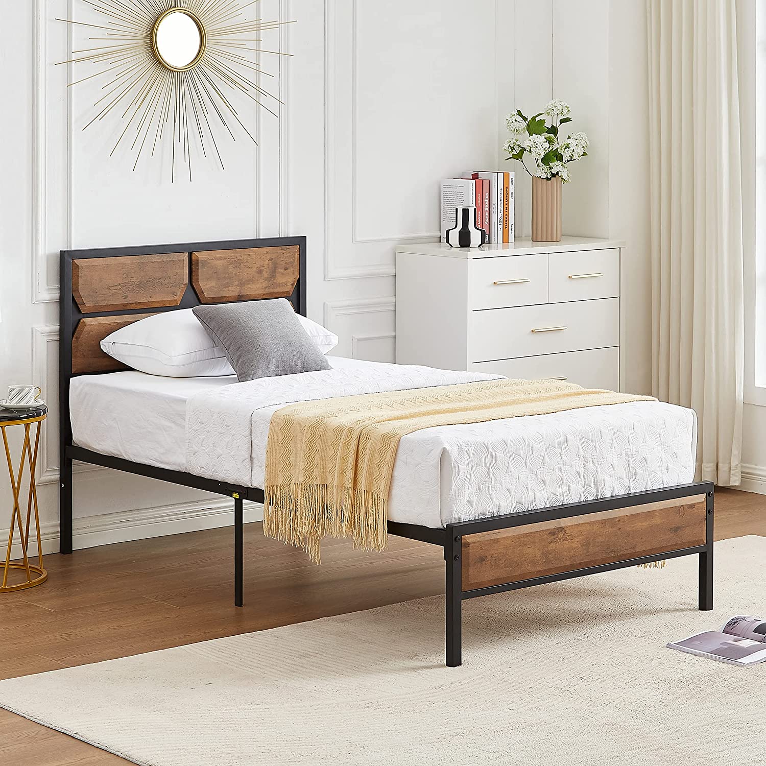 VECELO Metal Bed Frame Platform with Wooden Headboard&Footboard Mattress Foundation - VECELO