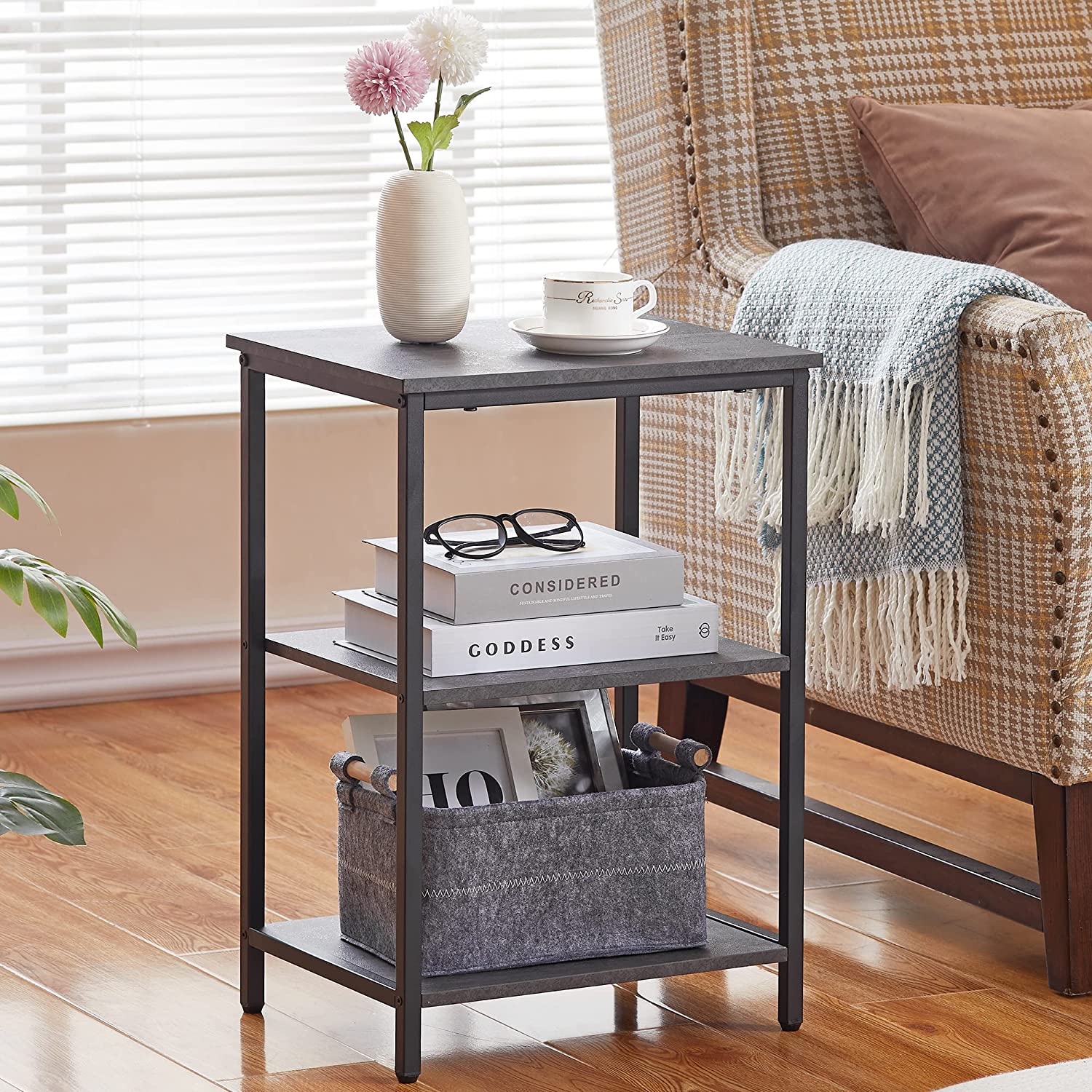 VECELO End Side Table with Storage Shelves Industrial Night Stand, 3-Tier Slim Nightstand for Living Room, Bedroom - VECELO