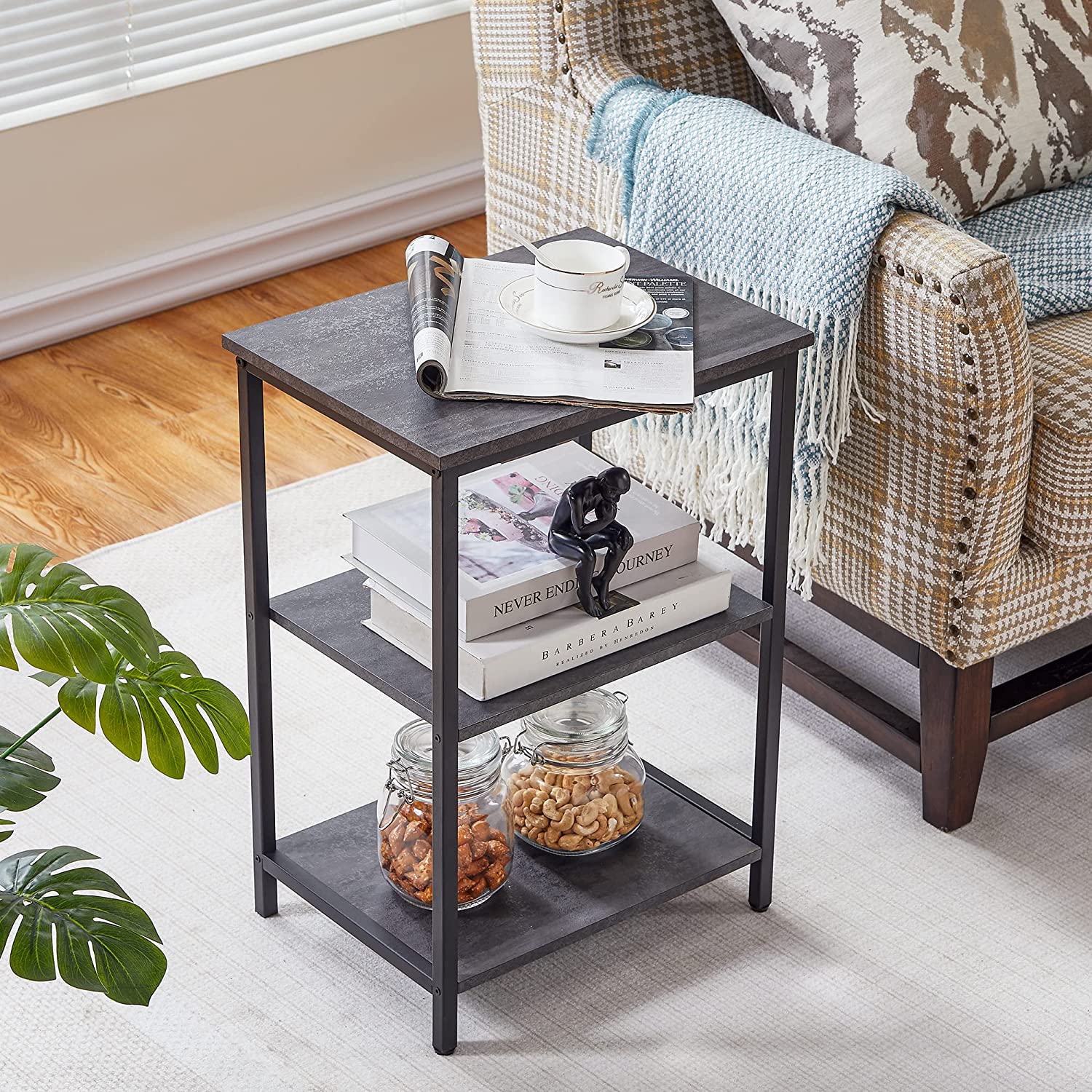 VECELO End Side Table with Storage Shelves Industrial Night Stand, 3-Tier Slim Nightstand for Living Room, Bedroom - VECELO