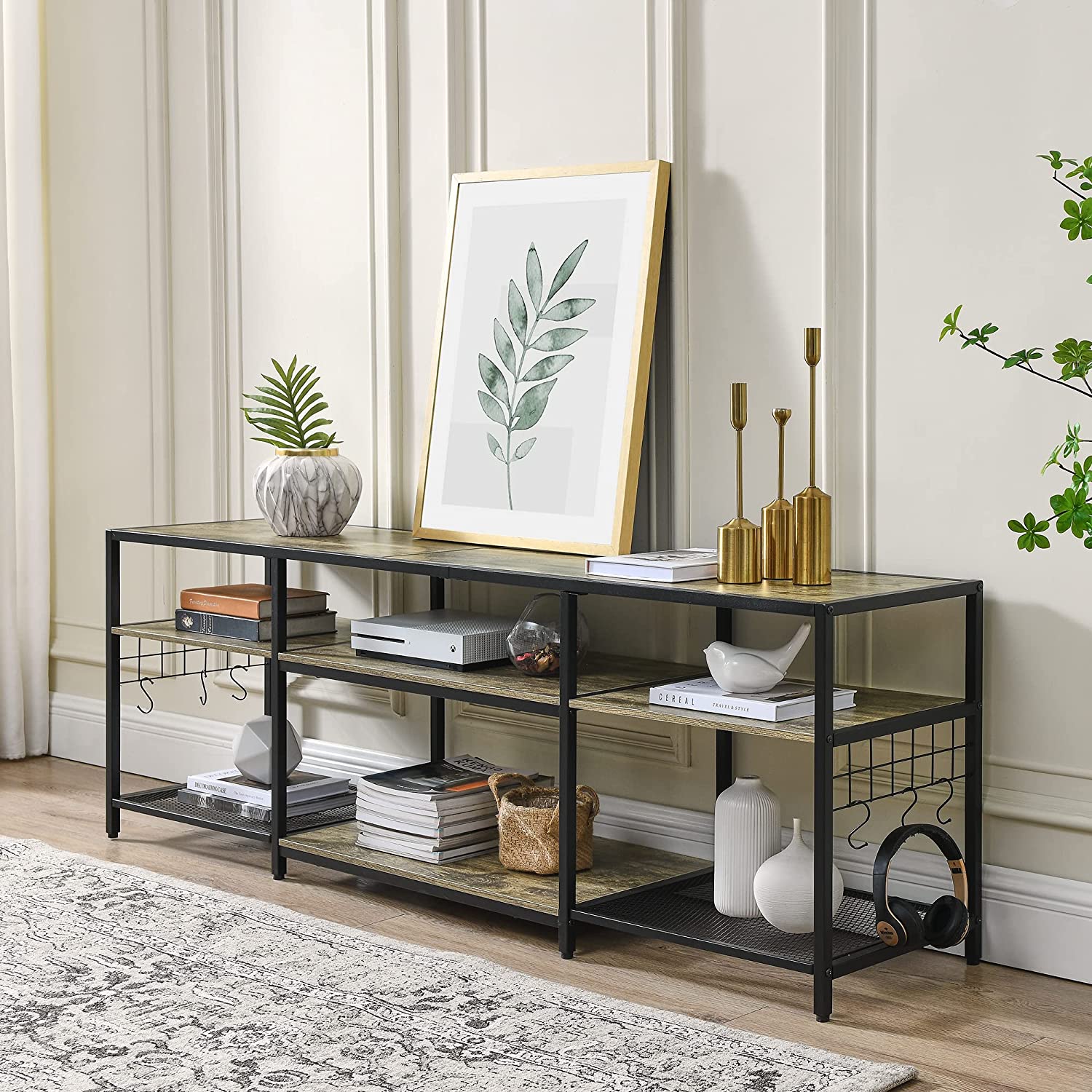 VECELO TV Stand Entertainment Center Media Console with 3-Tier Open Storage Shelves, Cabinet Table for Living Room Brown - VECELO