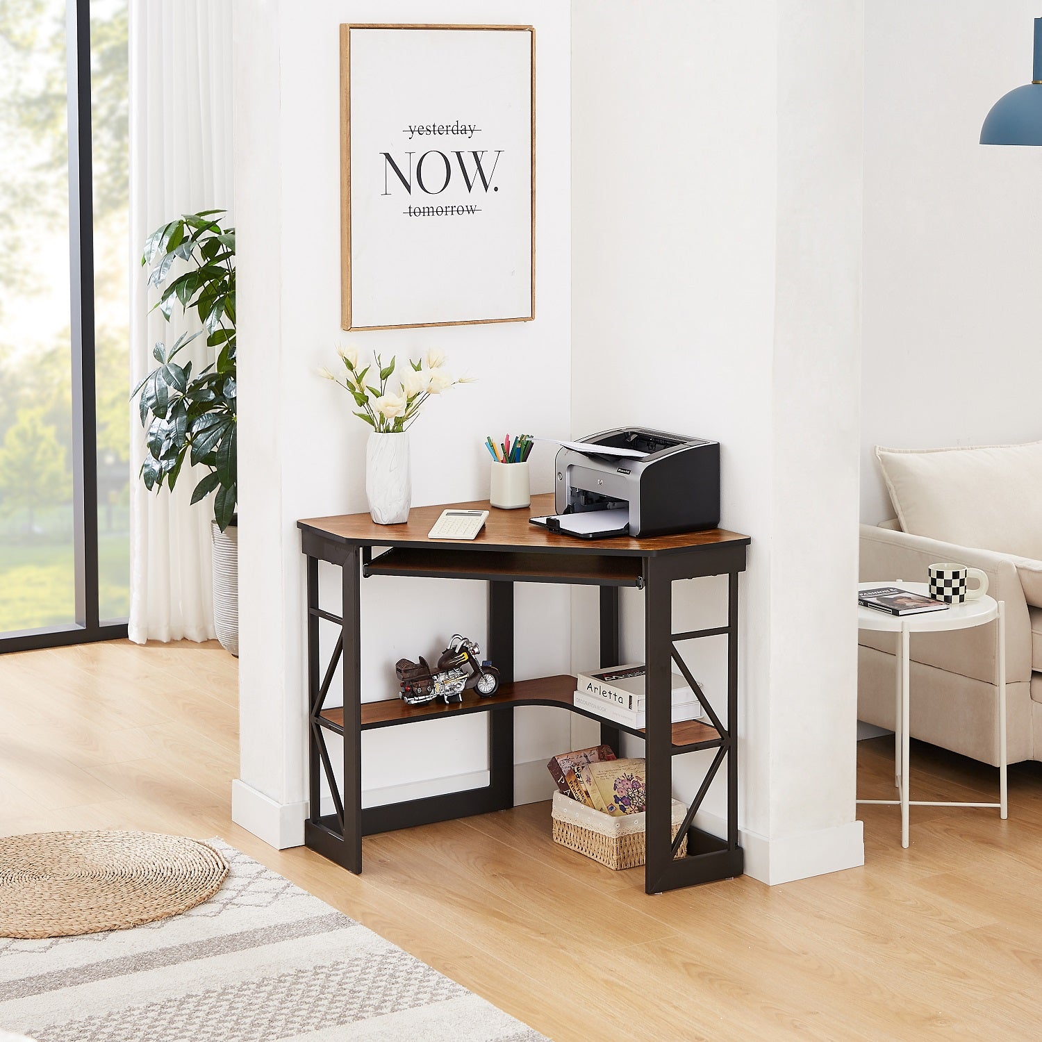 VECELO Corner Computer Desk Writing Smooth Keyboard Tray & Storage Shelves - VECELO