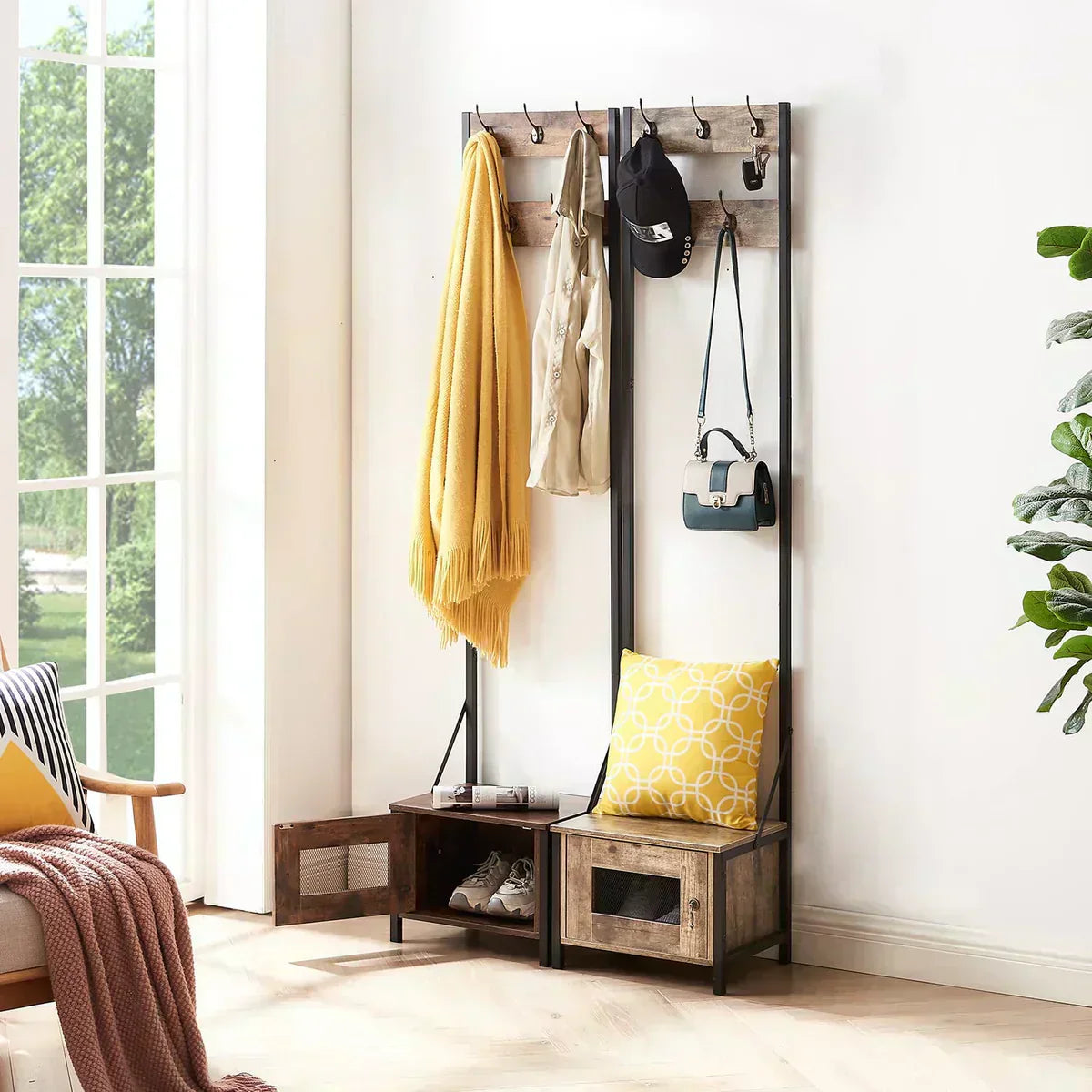 VECELO Tall Clothes Stand Freestanding with Shoe Storage, styled in a bright entryway with coats, bags, and accessories neatly organized on the industrial-style rack and bench.