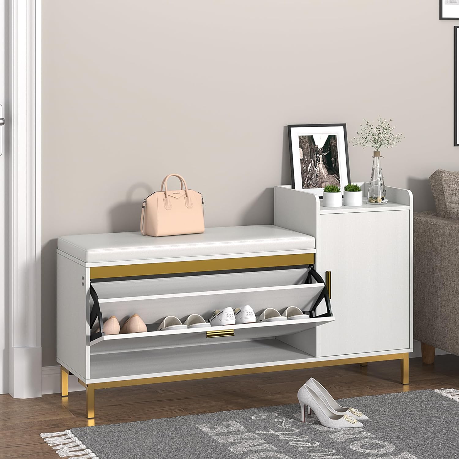VECELO modern entryway shoe storage bench with flip drawers, white cabinet with gold accents and cushioned seat, ideal for organizing shoes and daily essentials in small spaces.