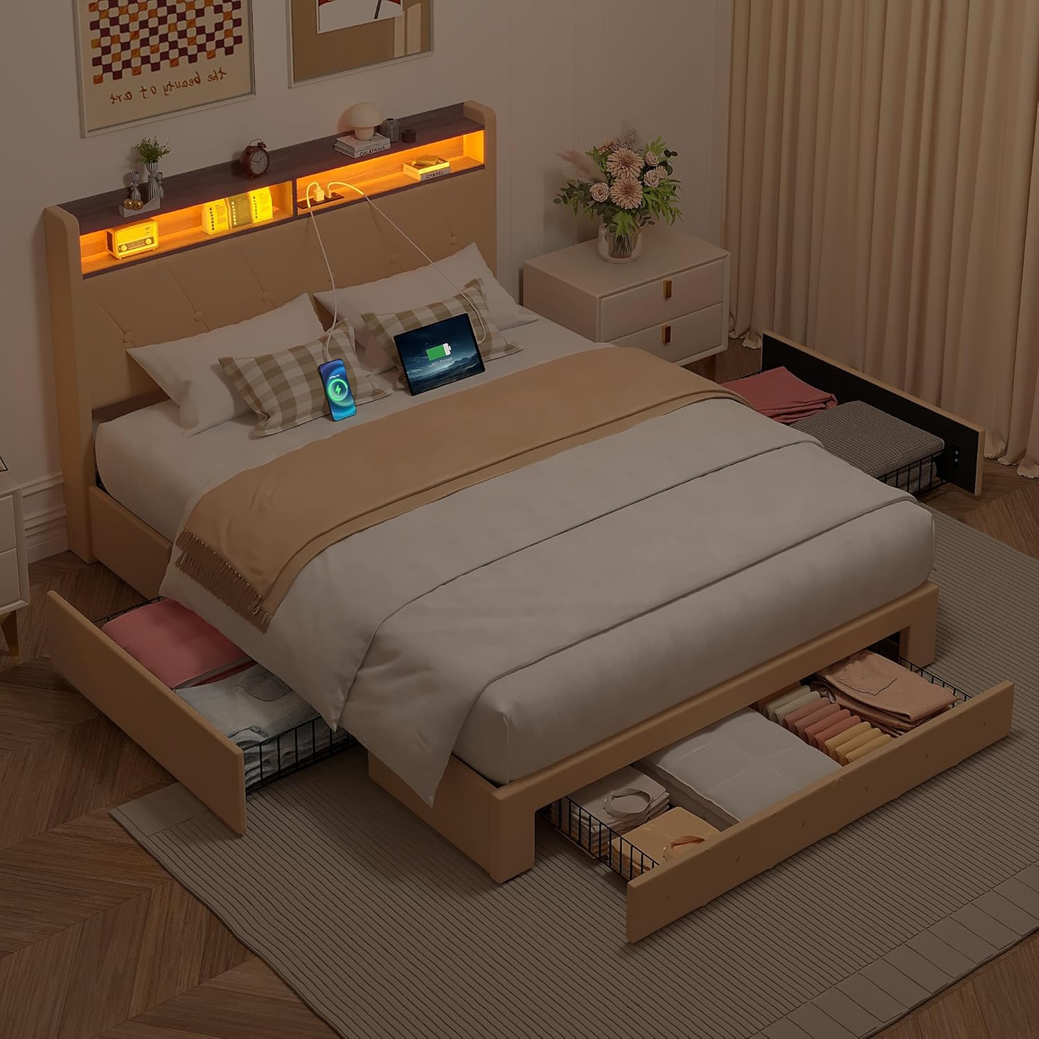 Upholstered bed frame with built-in headboard shelf, warm LED lighting, charging ports, and underbed drawers neatly storing clothes and essentials.