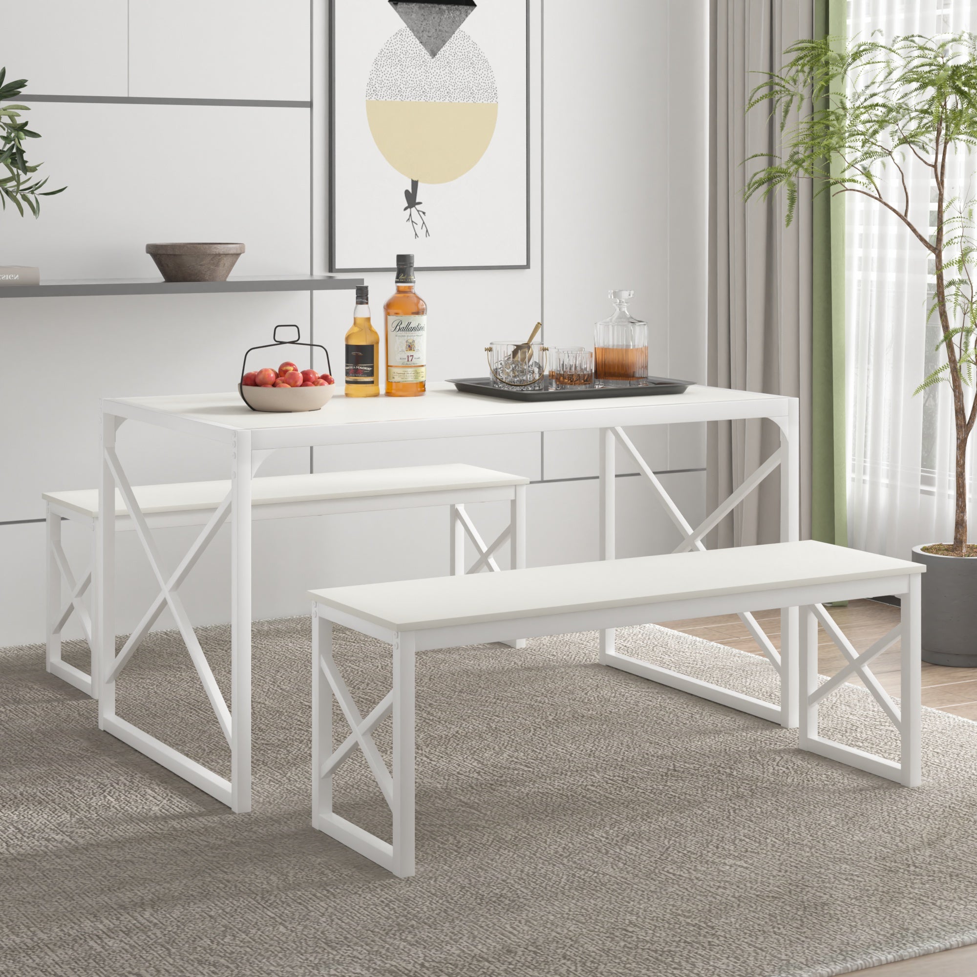 VECELO Kitchen Table with 2 Benches for 4