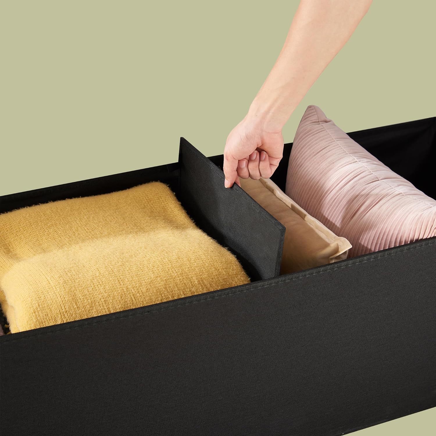 VECELO Folding Storage Ottoman Bench, Storage Chest, Linen Fabric