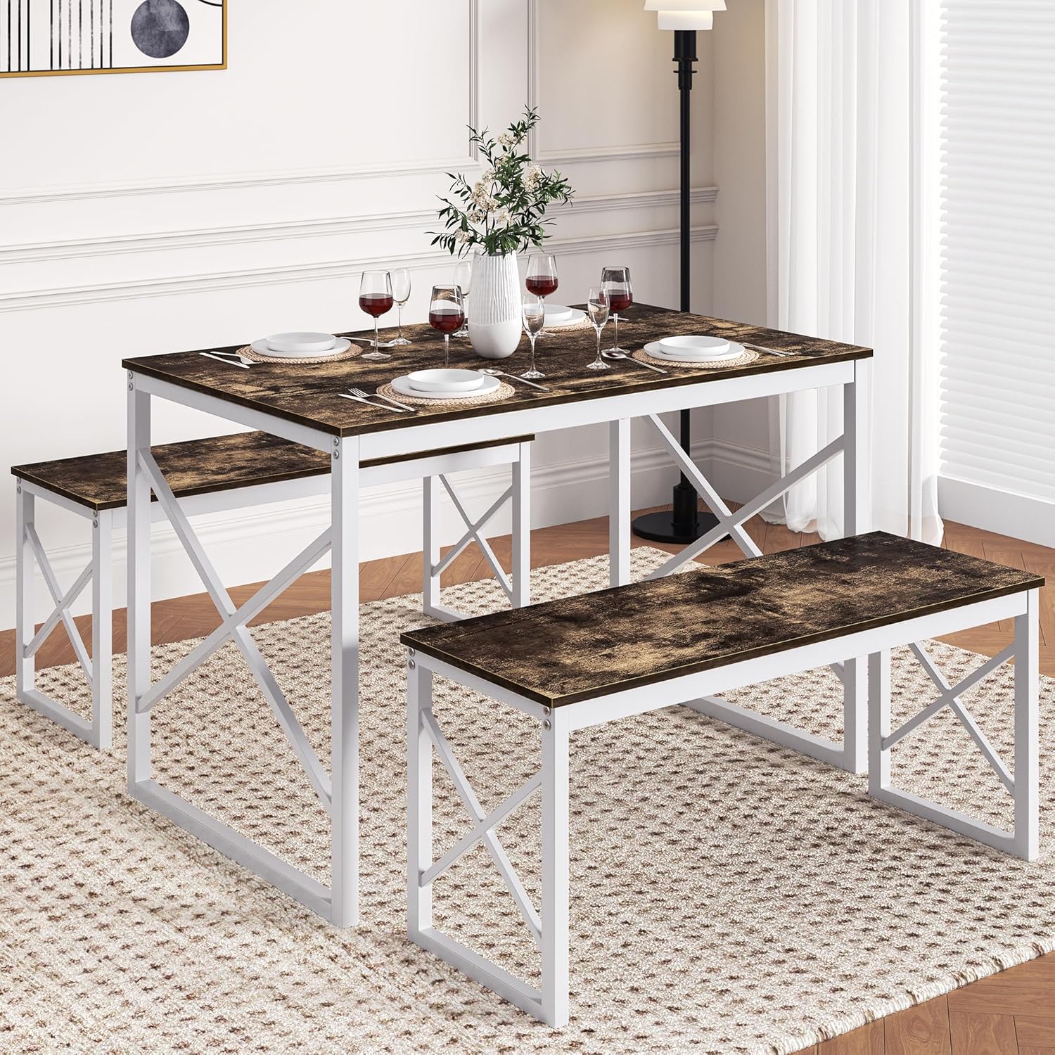 VECELO Kitchen Table with 2 Benches for 4