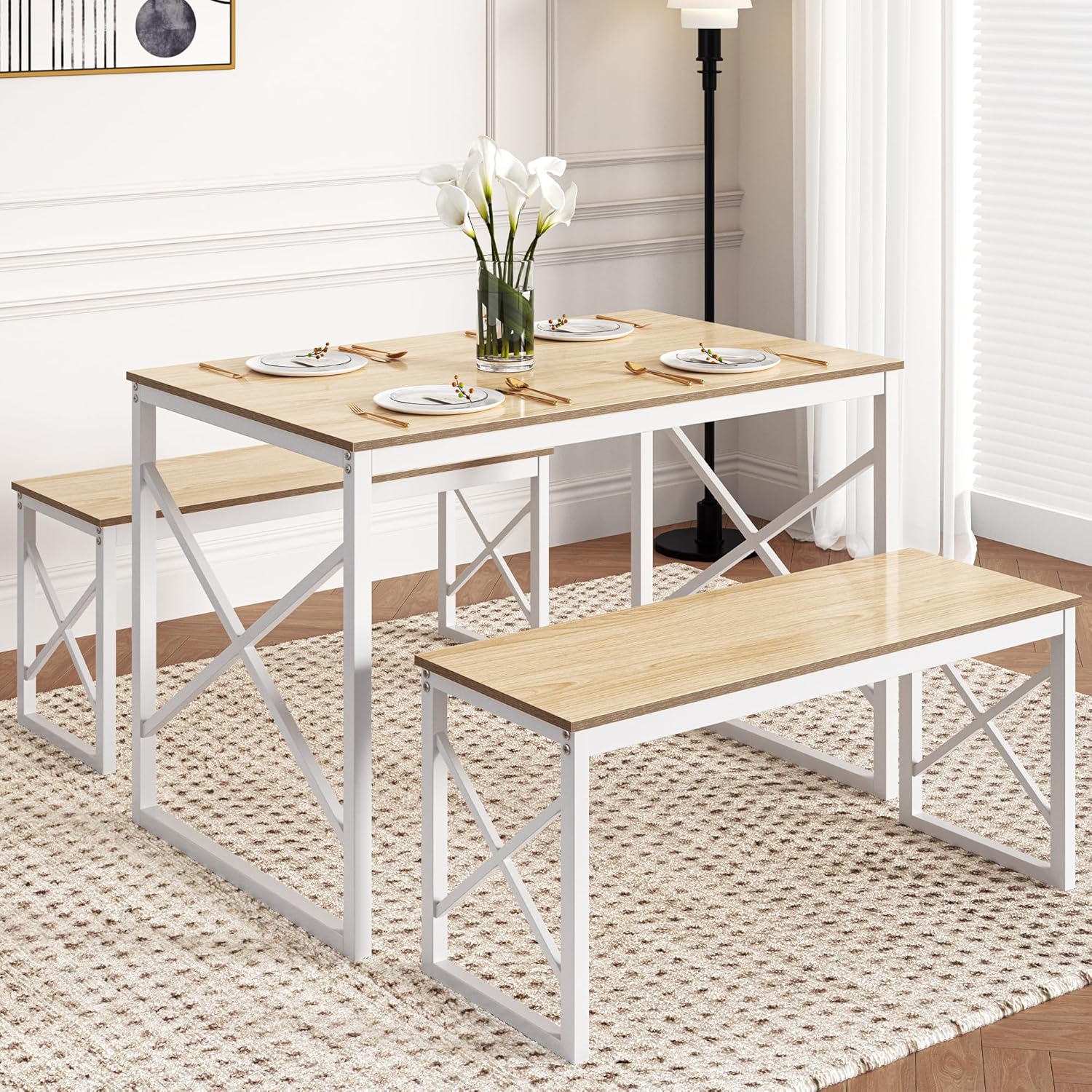 VECELO Kitchen Table with 2 Benches for 4