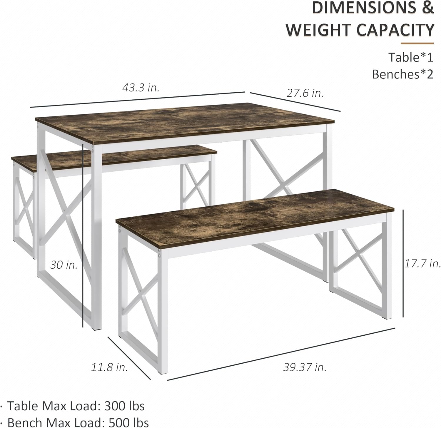 VECELO Kitchen Table with 2 Benches for 4