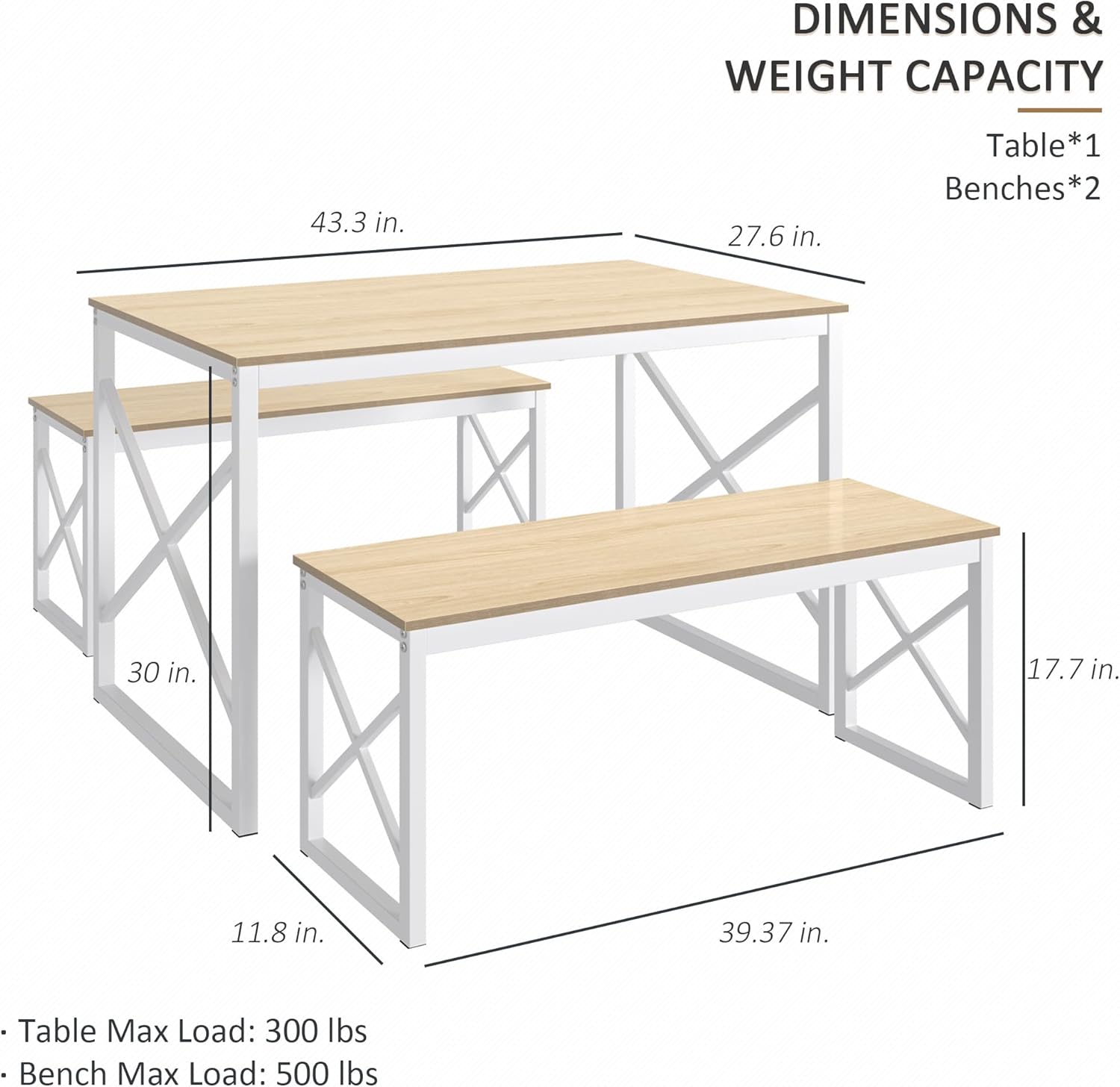 VECELO Kitchen Table with 2 Benches for 4