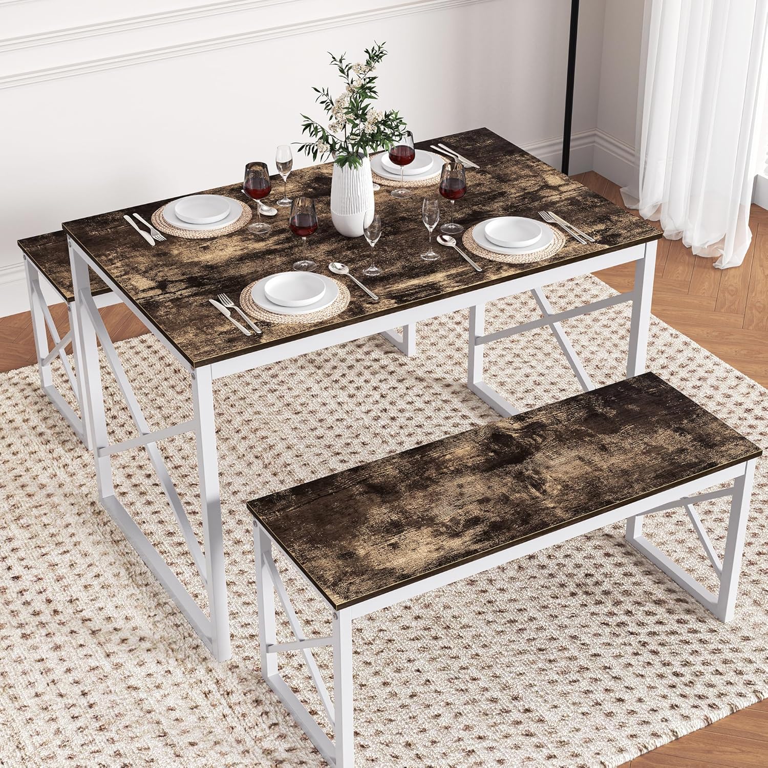 VECELO Kitchen Table with 2 Benches for 4