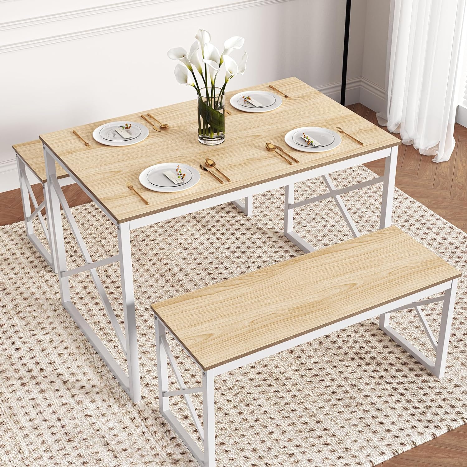 VECELO Kitchen Table with 2 Benches for 4
