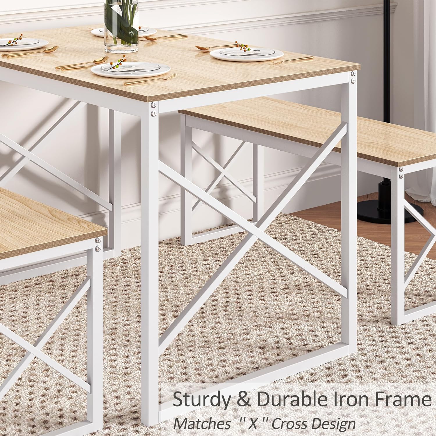 VECELO Kitchen Table with 2 Benches for 4