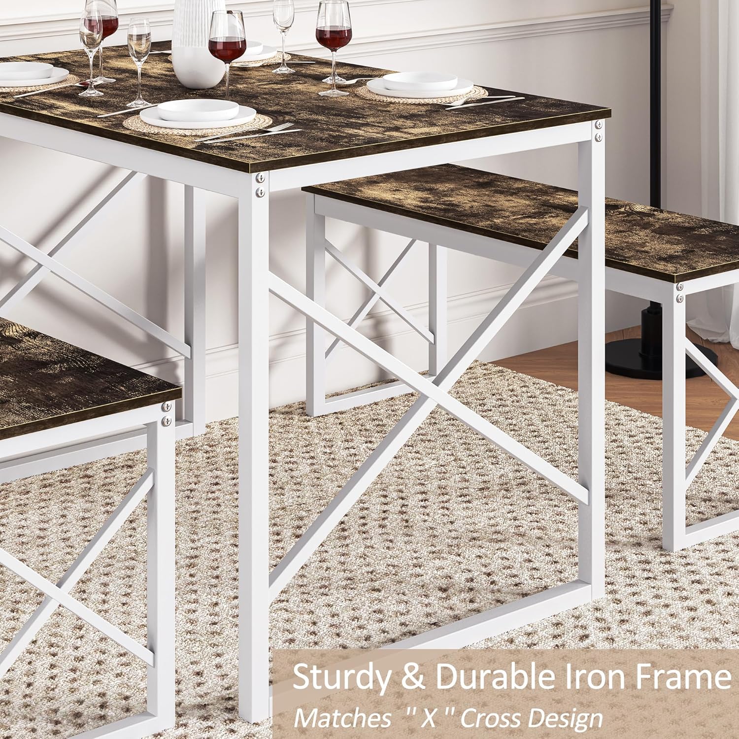 VECELO Kitchen Table with 2 Benches for 4