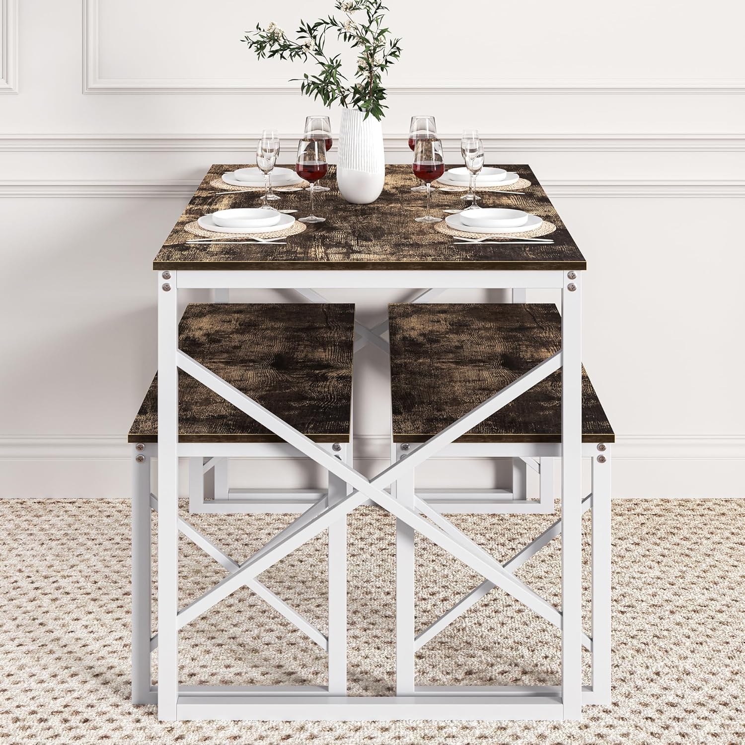 VECELO Kitchen Table with 2 Benches for 4