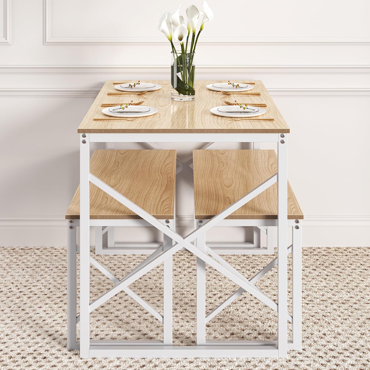 VECELO Kitchen Table with 2 Benches for 4